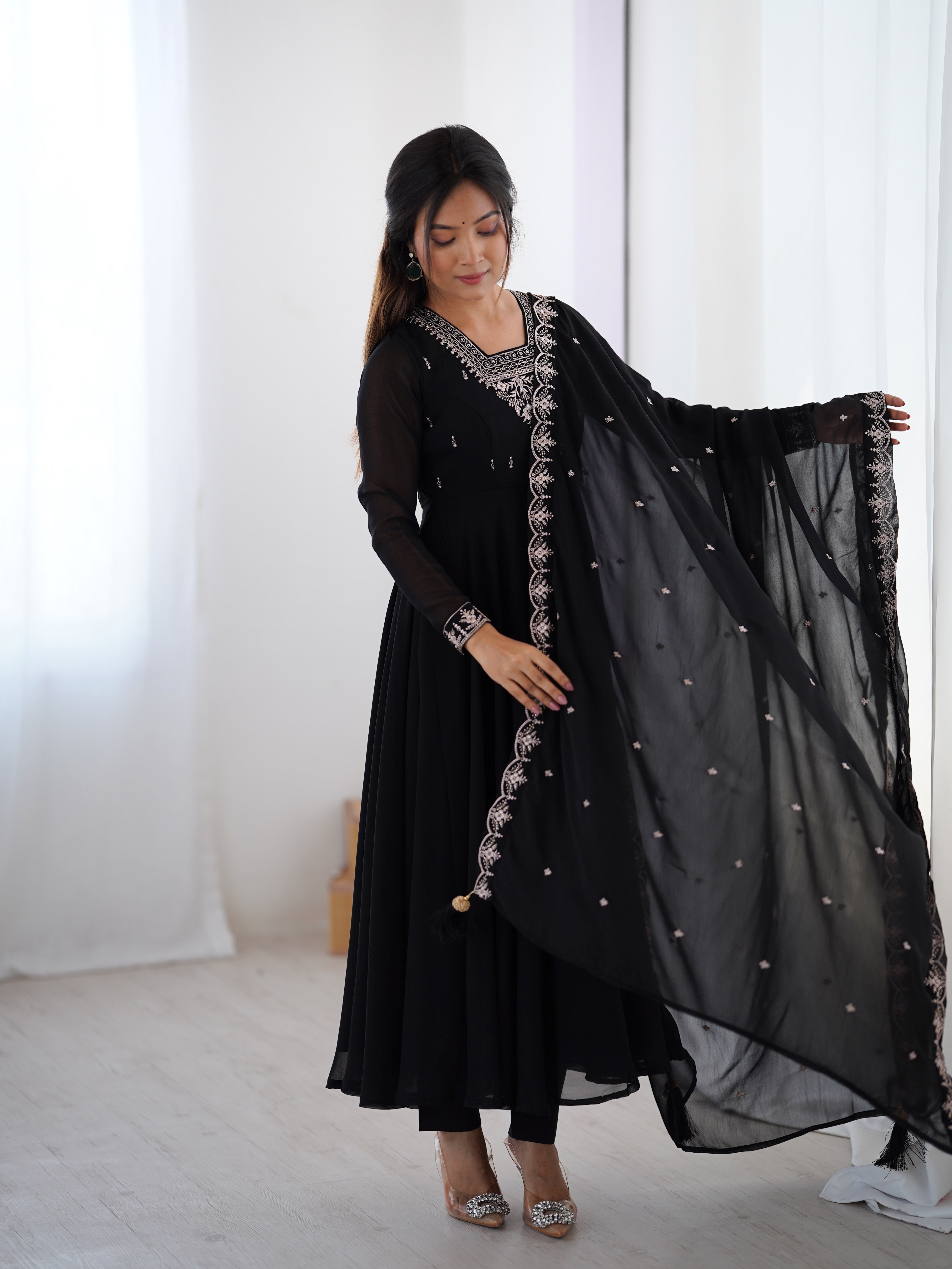 Black Faux Georgette Three-Piece Anarkali Suit with Embroidery & Tassel Dupatta