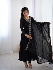 Black Faux Georgette Three-Piece Anarkali Suit with Embroidery & Tassel Dupatta