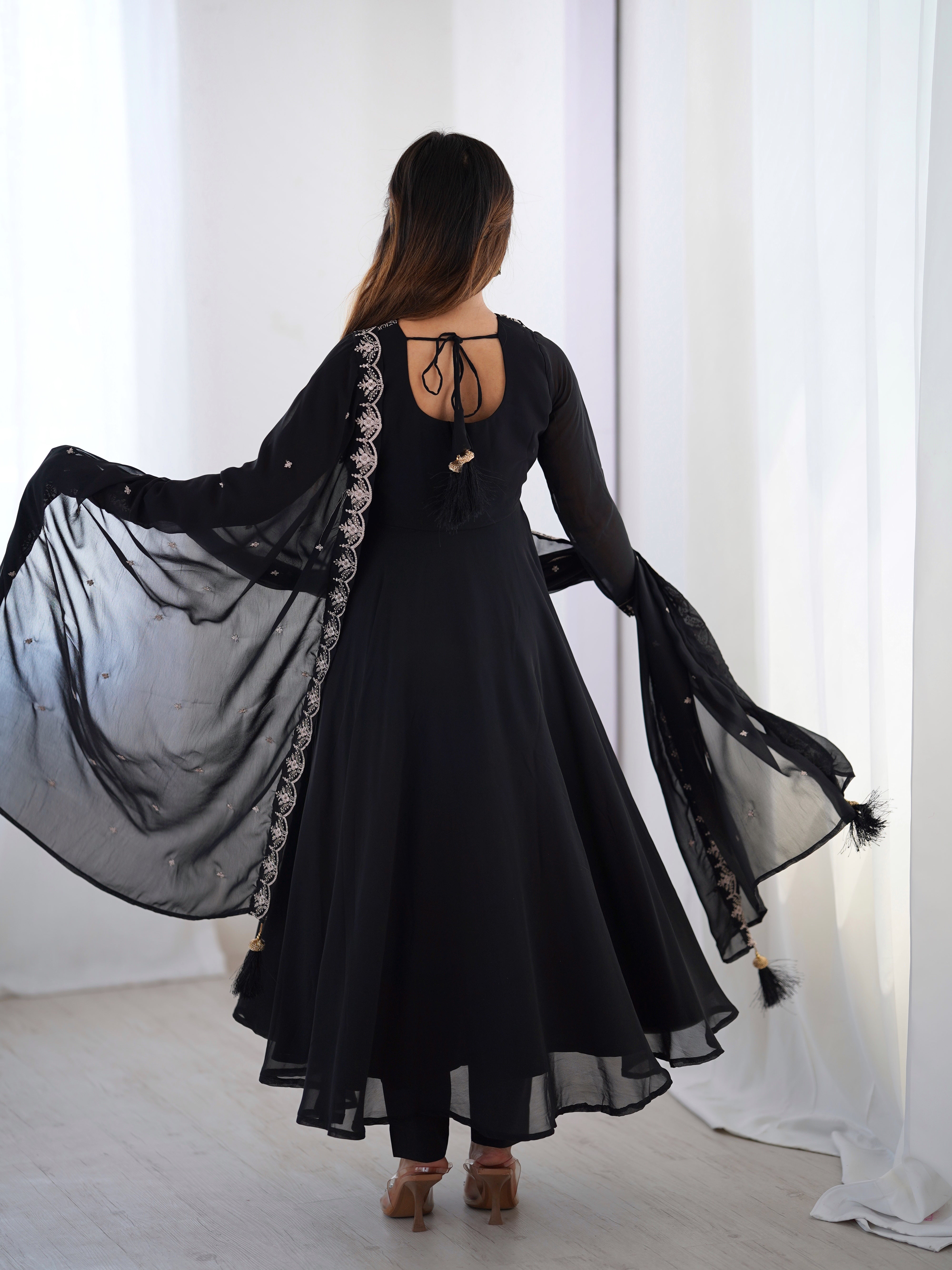Black Faux Georgette Three-Piece Anarkali Suit with Embroidery & Tassel Dupatta