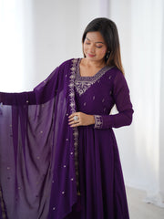 Purple Embroidered Georgette Anarkali Suit with Tassel-Trimmed Dupatta & Micro Scrape Pants – Festive & Wedding Ready