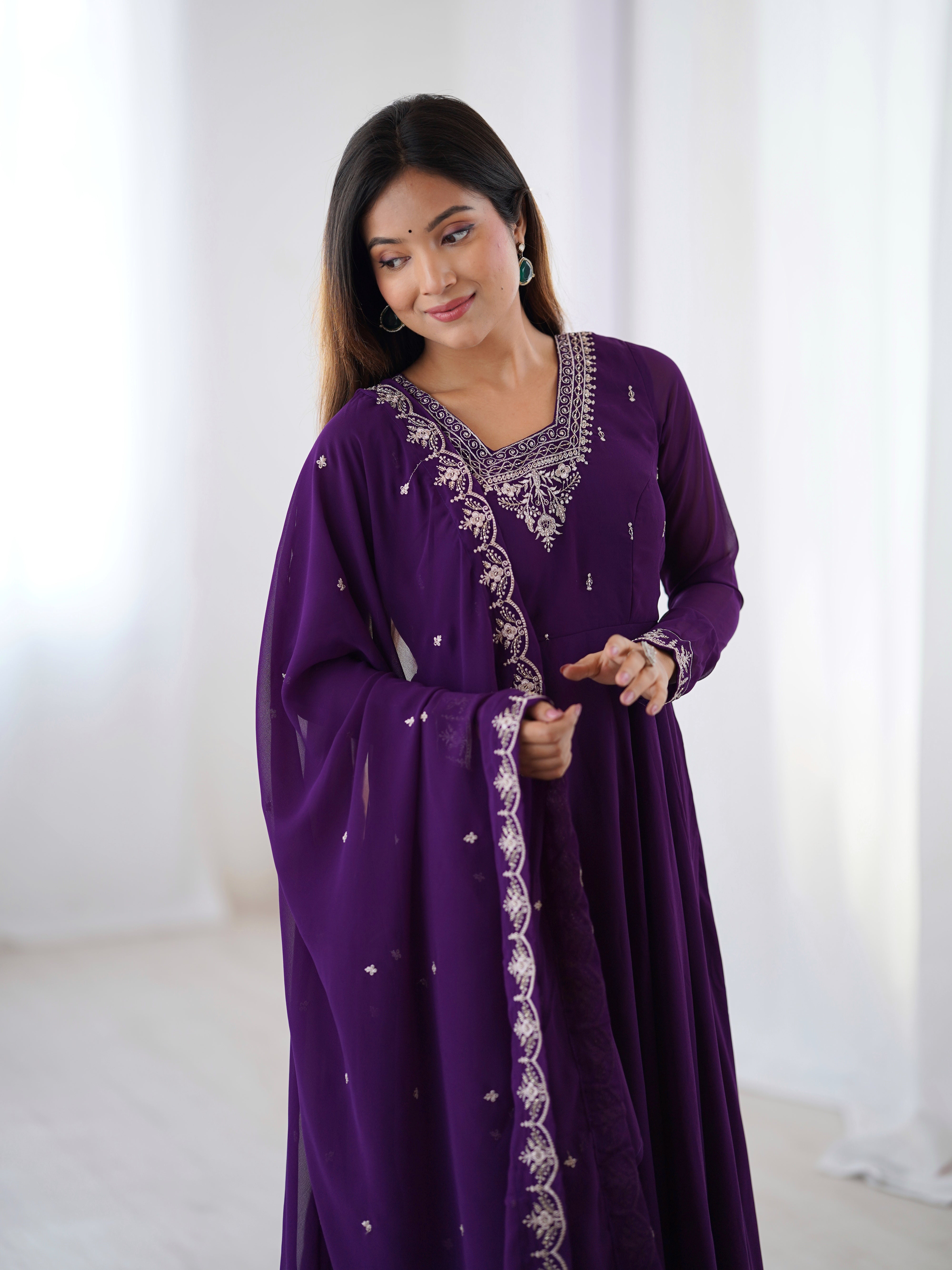 Purple Embroidered Georgette Anarkali Suit with Tassel-Trimmed Dupatta & Micro Scrape Pants – Festive & Wedding Ready
