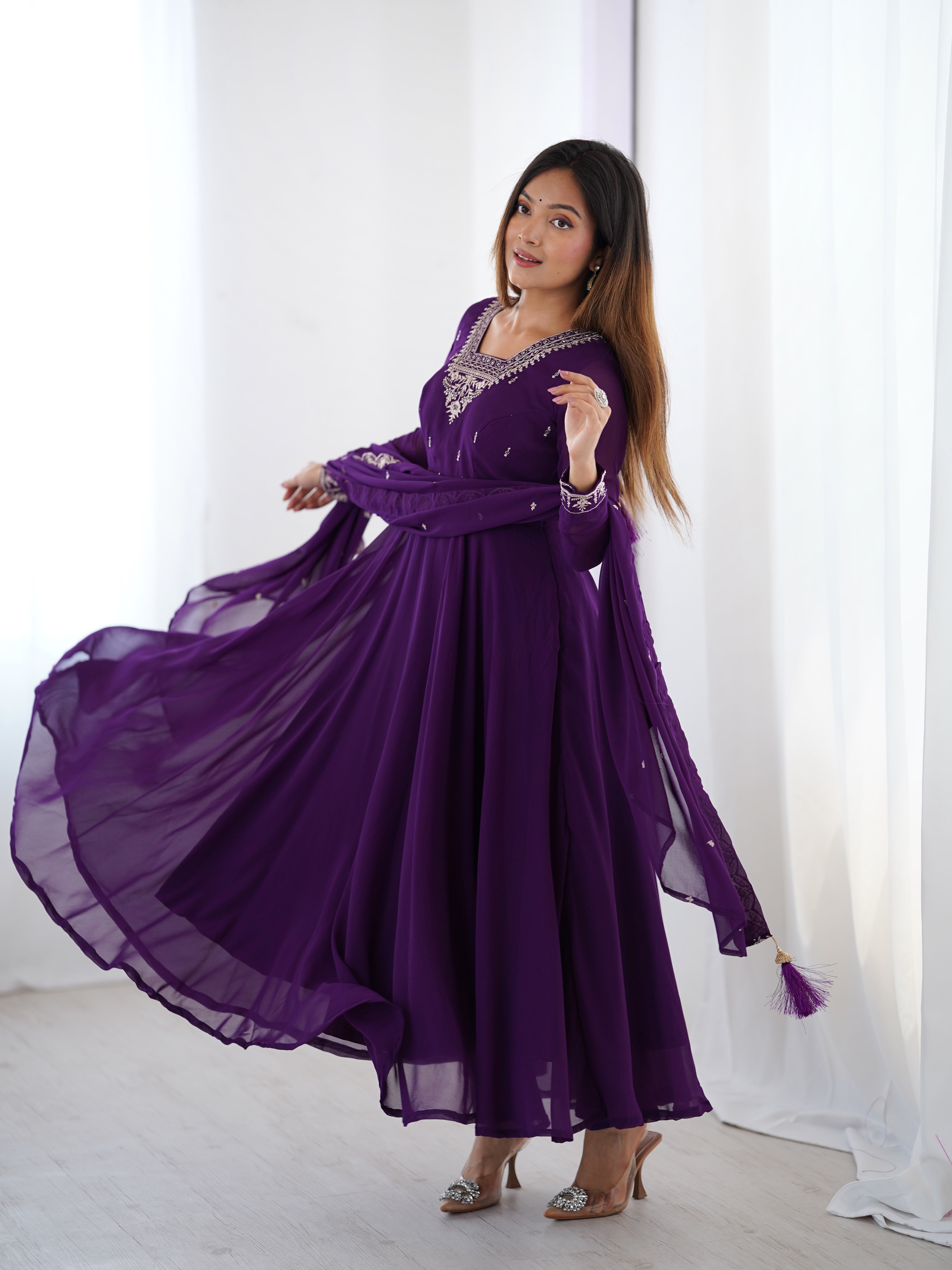 Purple Embroidered Georgette Anarkali Suit with Tassel-Trimmed Dupatta & Micro Scrape Pants – Festive & Wedding Ready
