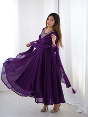 Purple Embroidered Georgette Anarkali Suit with Tassel-Trimmed Dupatta & Micro Scrape Pants – Festive & Wedding Ready