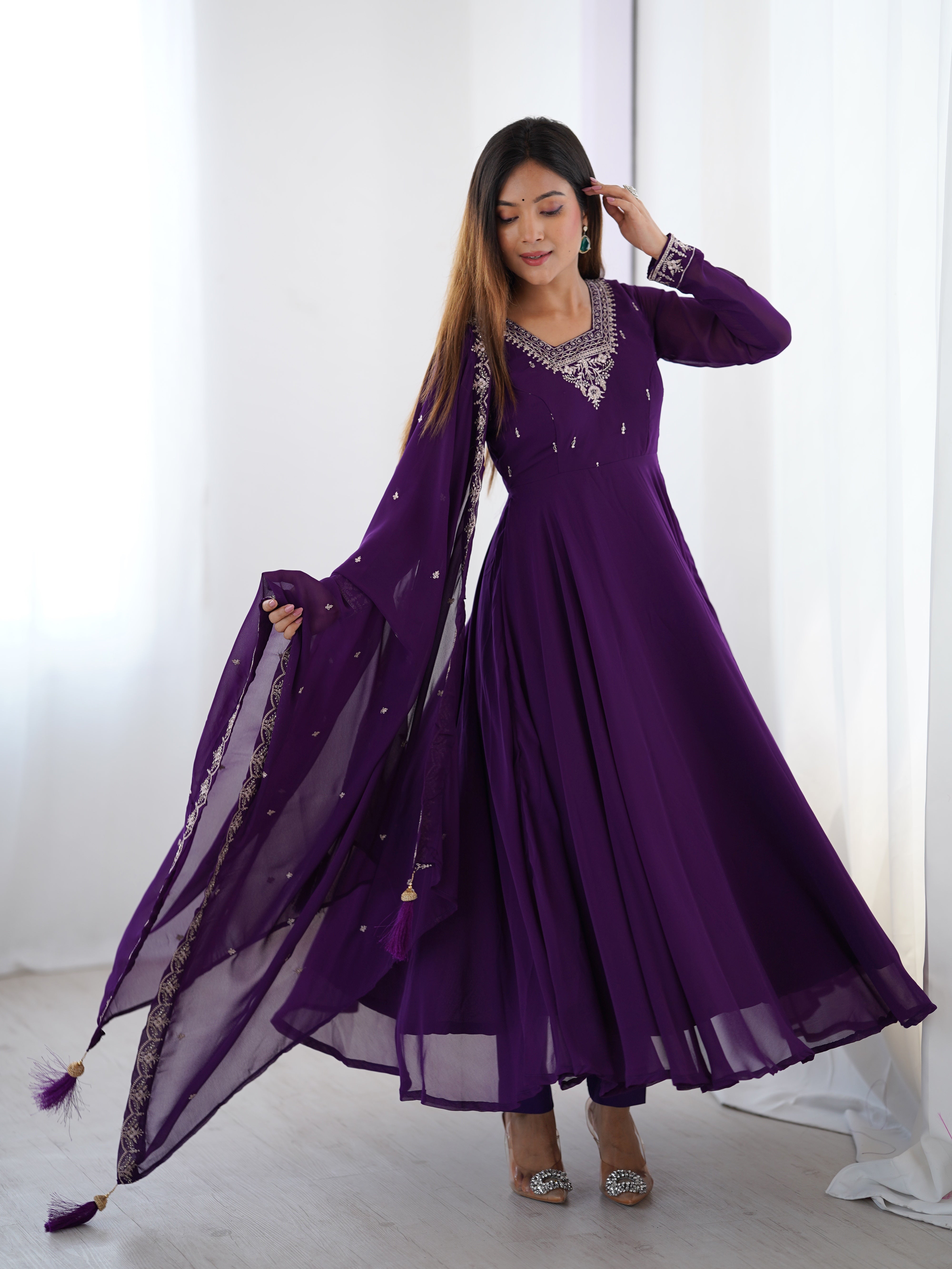 Purple Embroidered Georgette Anarkali Suit with Tassel-Trimmed Dupatta & Micro Scrape Pants – Festive & Wedding Ready