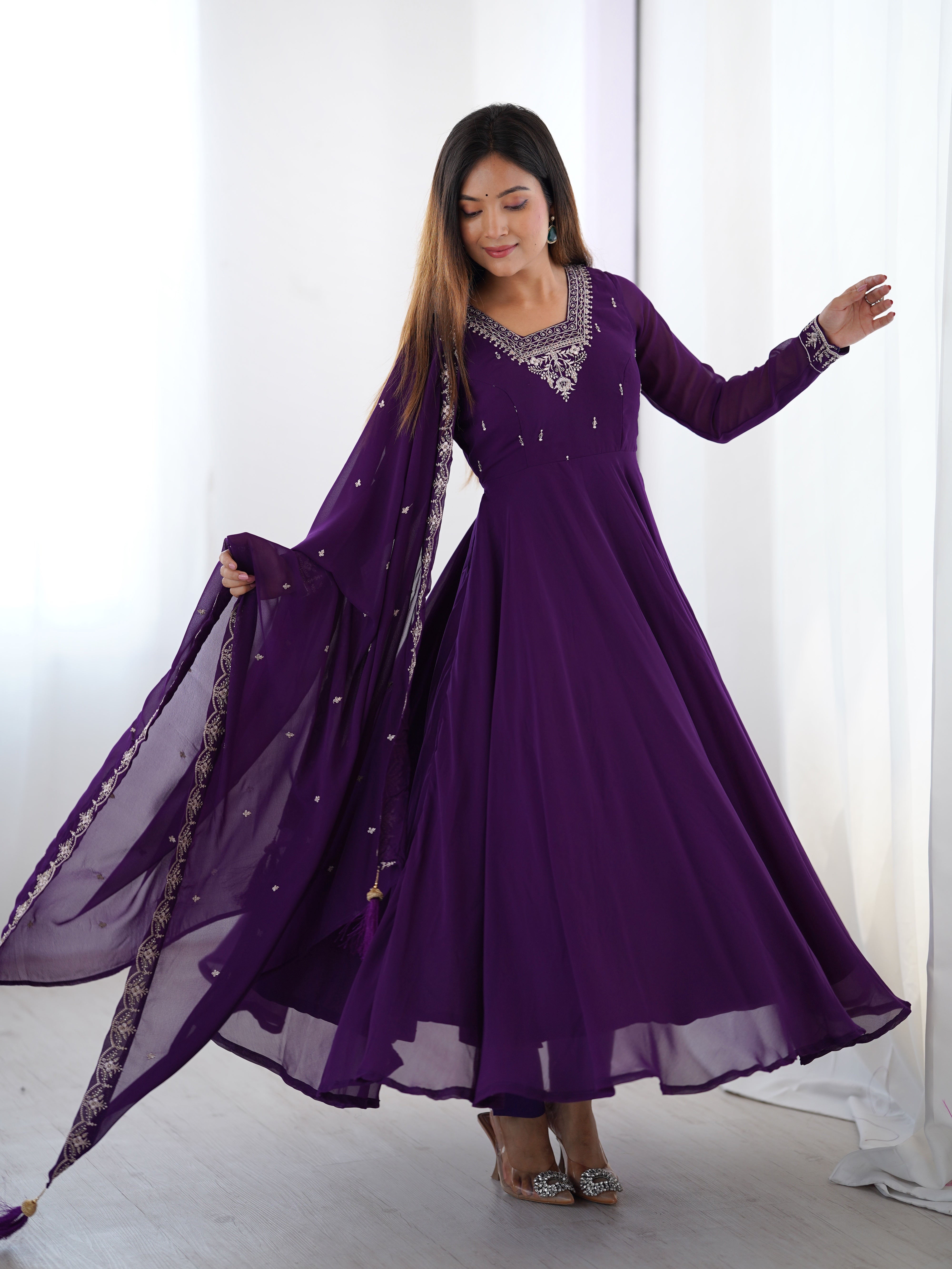 Purple Embroidered Georgette Anarkali Suit with Tassel-Trimmed Dupatta & Micro Scrape Pants – Festive & Wedding Ready
