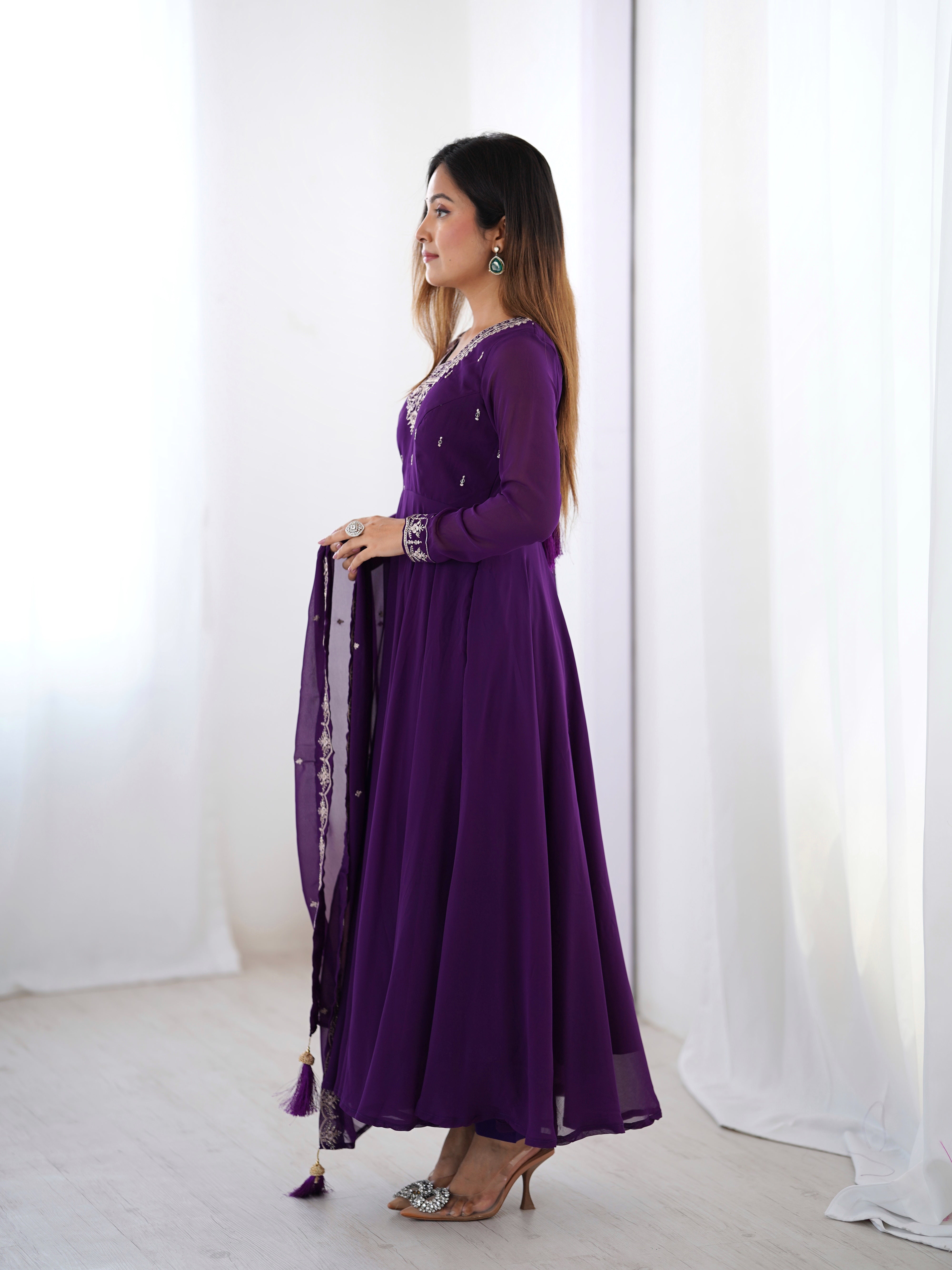Purple Embroidered Georgette Anarkali Suit with Tassel-Trimmed Dupatta & Micro Scrape Pants – Festive & Wedding Ready