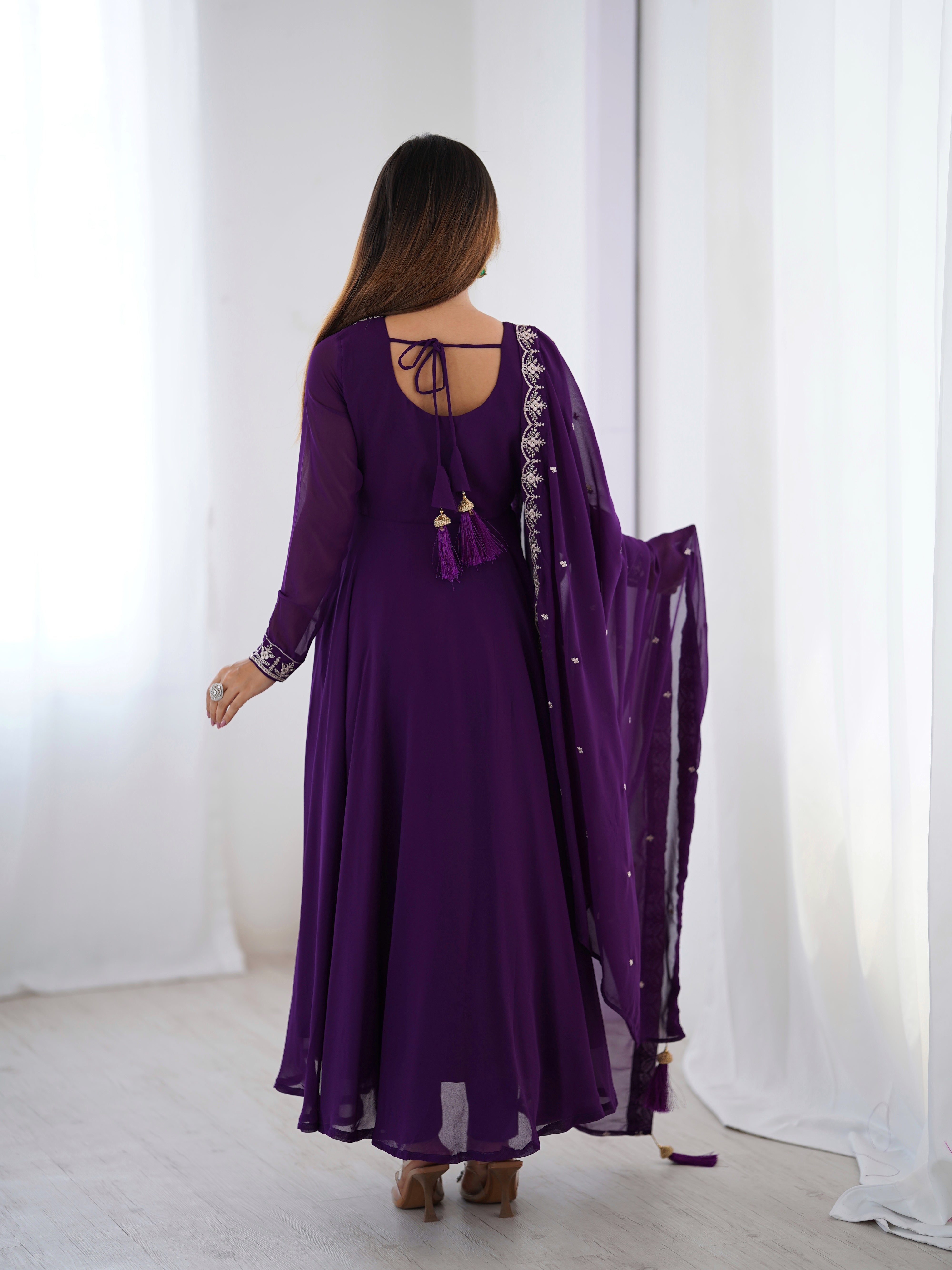 Purple Embroidered Georgette Anarkali Suit with Tassel-Trimmed Dupatta & Micro Scrape Pants – Festive & Wedding Ready
