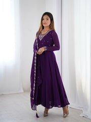 Purple Embroidered Georgette Anarkali Suit with Tassel-Trimmed Dupatta & Micro Scrape Pants – Festive & Wedding Ready