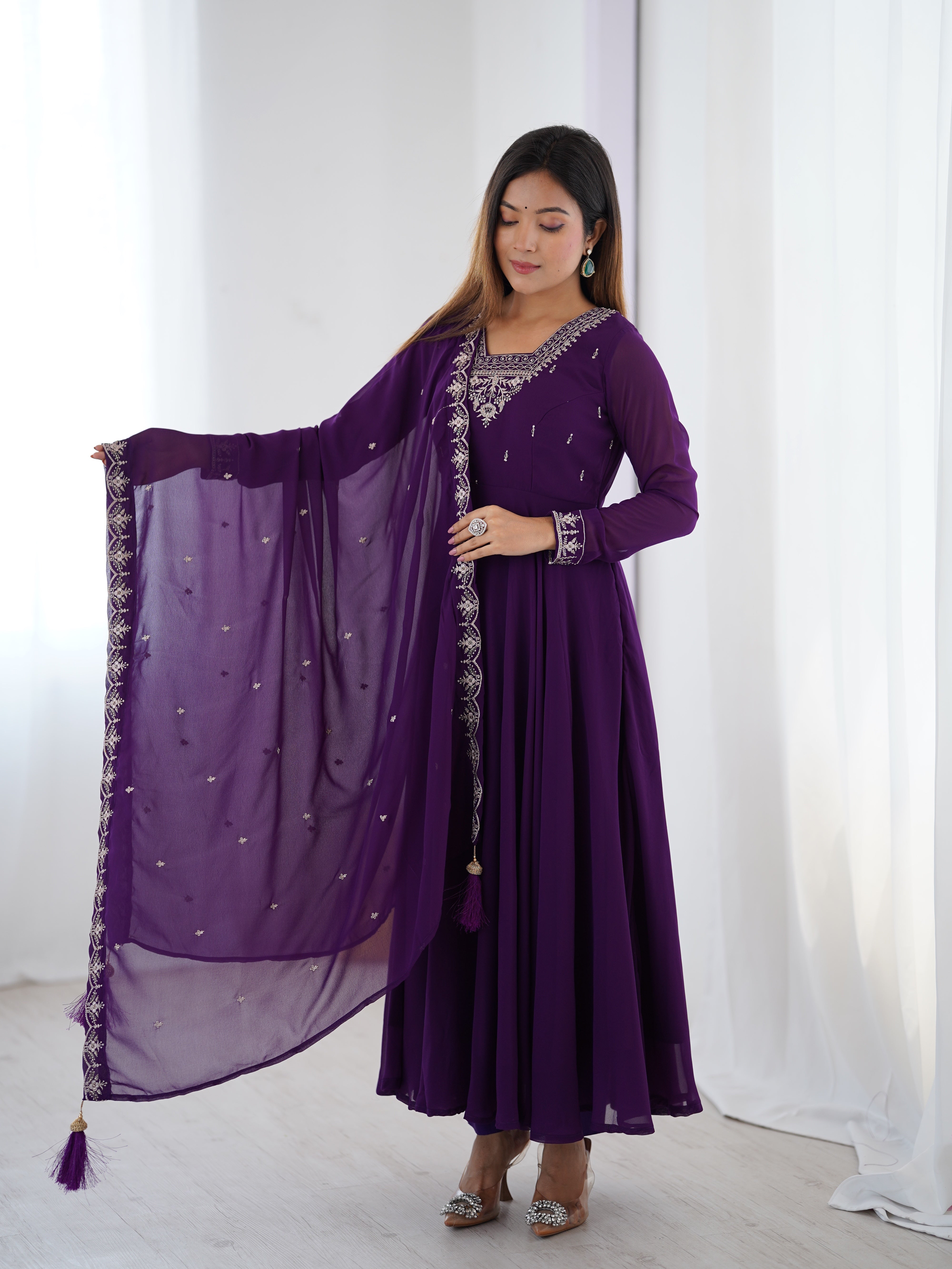 Purple Embroidered Georgette Anarkali Suit with Tassel-Trimmed Dupatta & Micro Scrape Pants – Festive & Wedding Ready