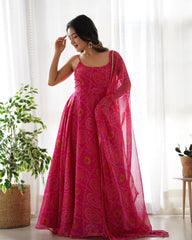 Pink Bandhani Print Chiffon Anarkali Suit