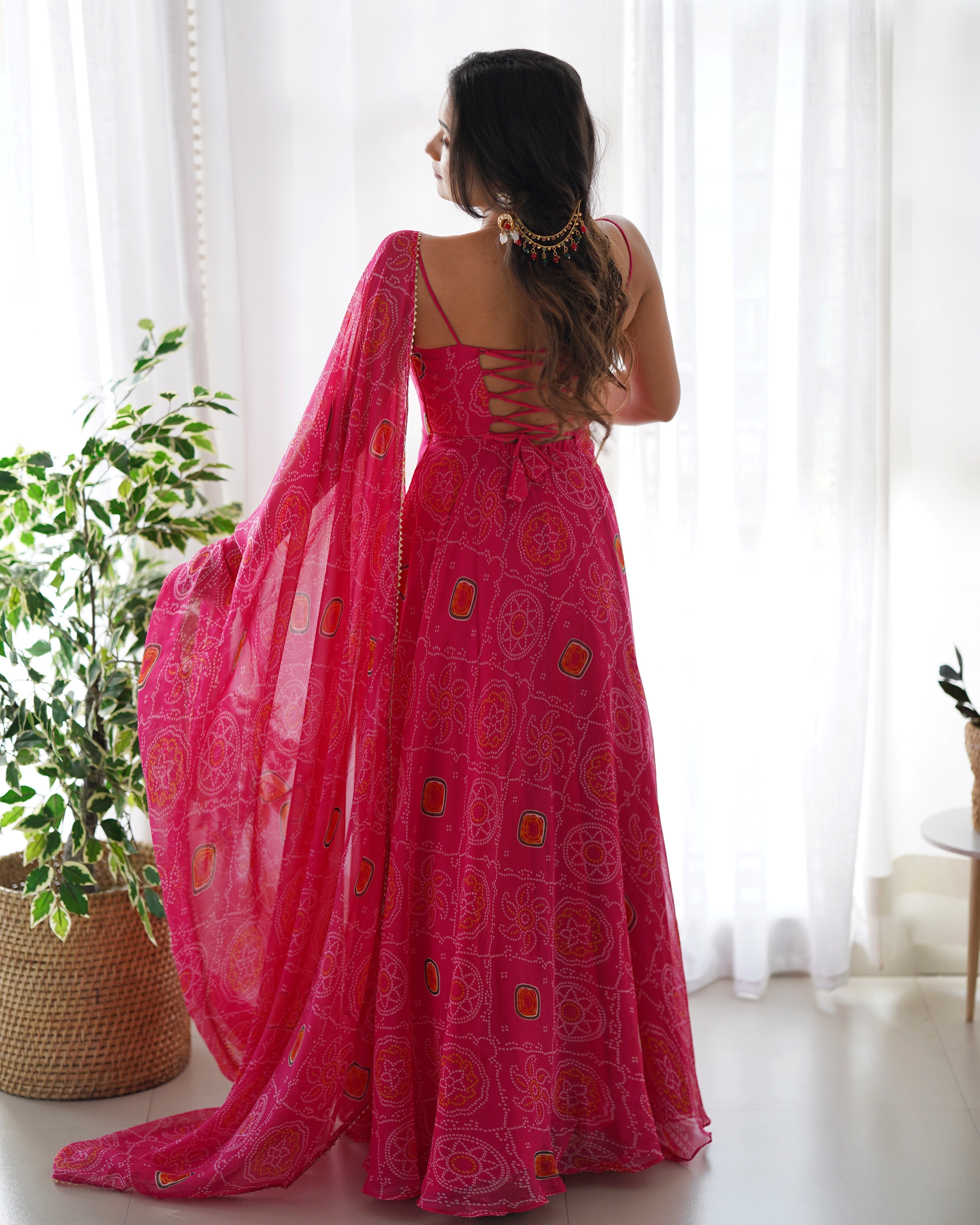 Pink Bandhani Print Chiffon Anarkali Suit
