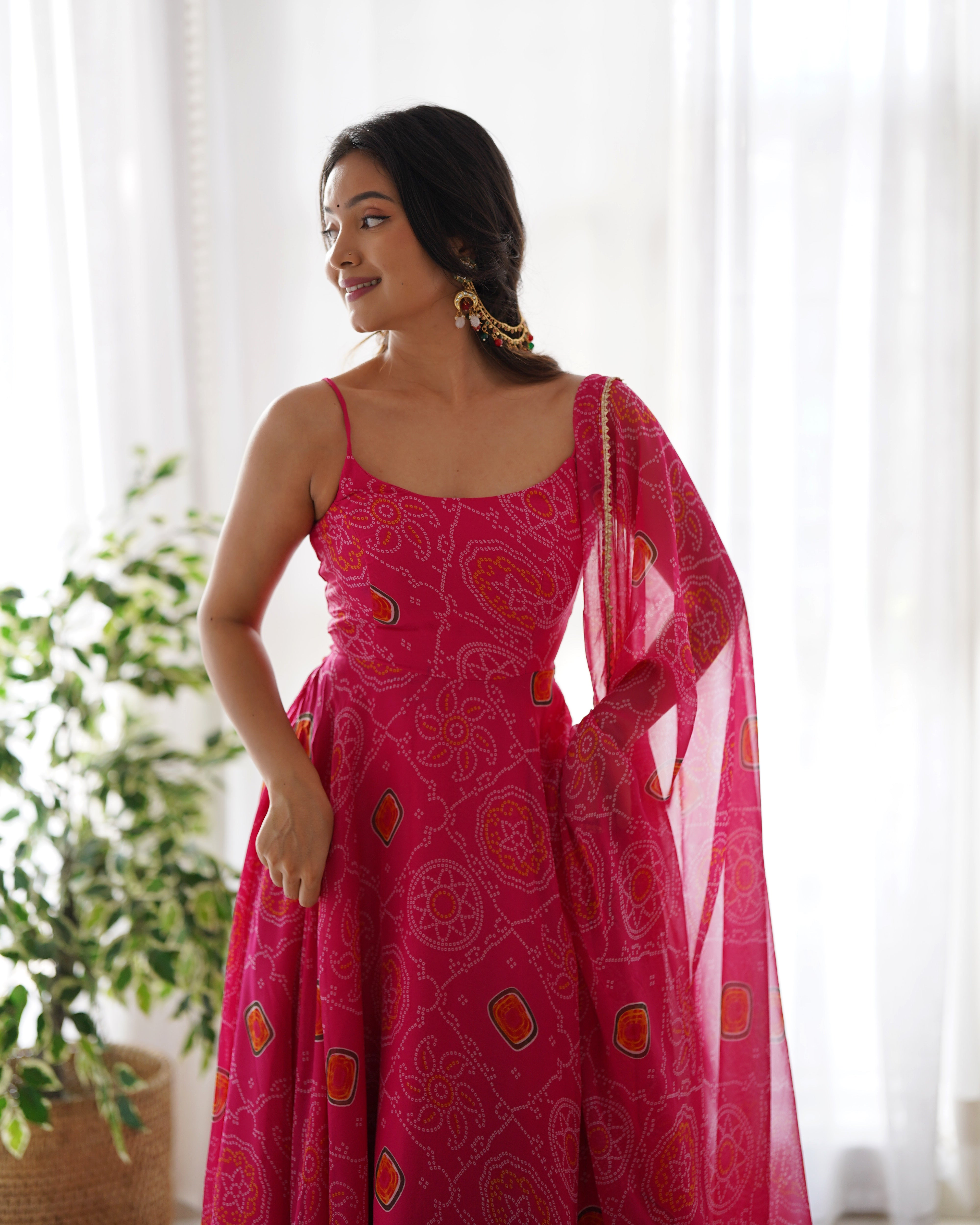 Pink Bandhani Print Chiffon Anarkali Suit