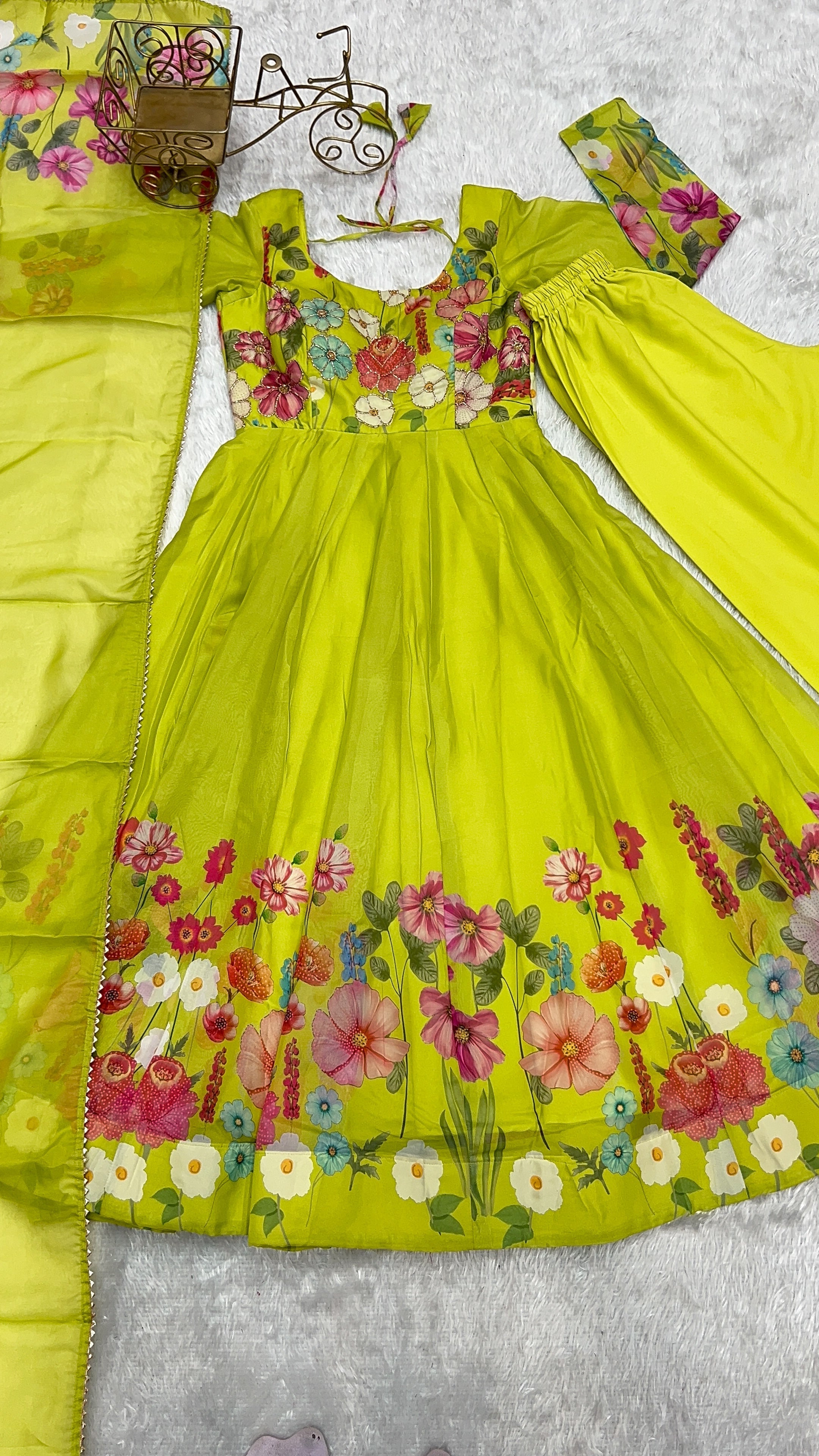 Neon Color Floral Print Organza Anarkali Suit – Three-Piece Festive Ensemble