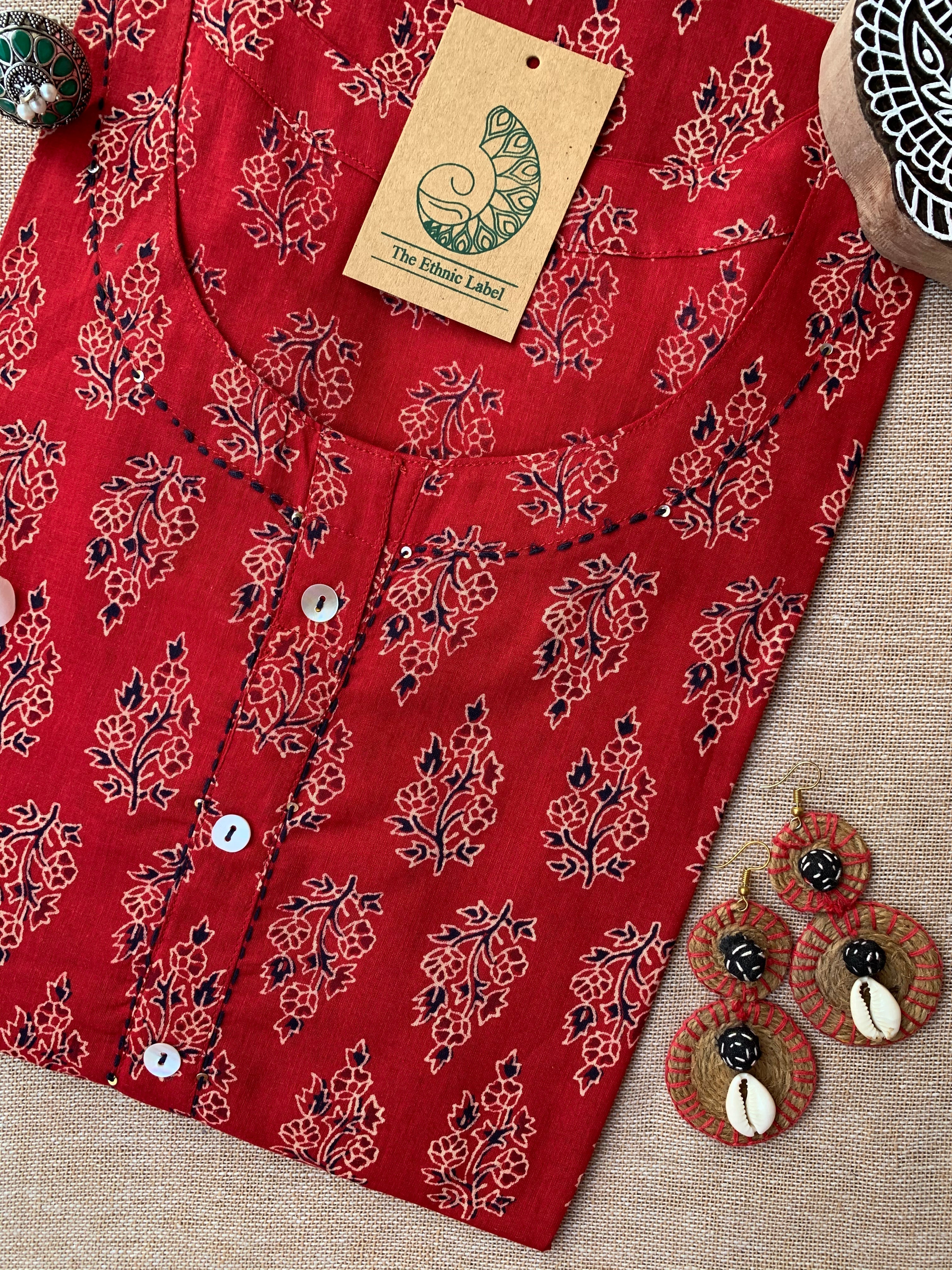 "Roohani" Bagru Kantha Buttoned Cotton kurta
