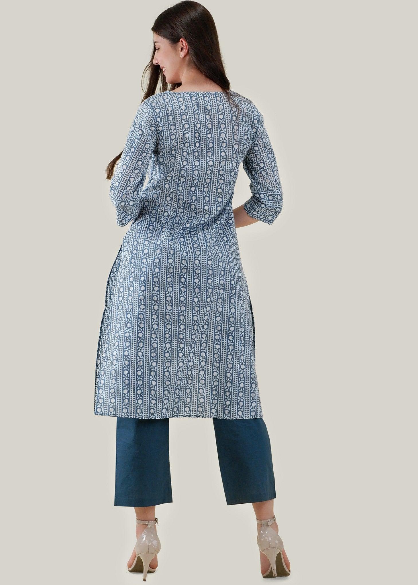 Indigo Block Printed Cotton Kurta in White & Blue