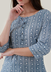 Indigo Block Printed Cotton Kurta in White & Blue