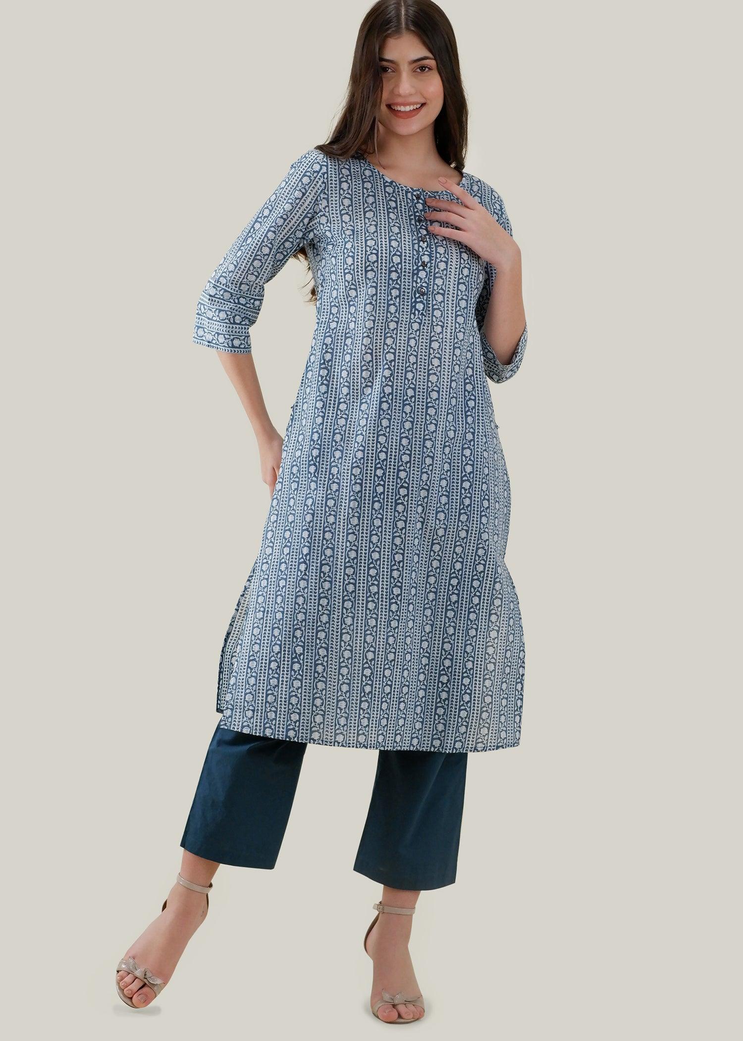 Indigo Block Printed Cotton Kurta in White & Blue