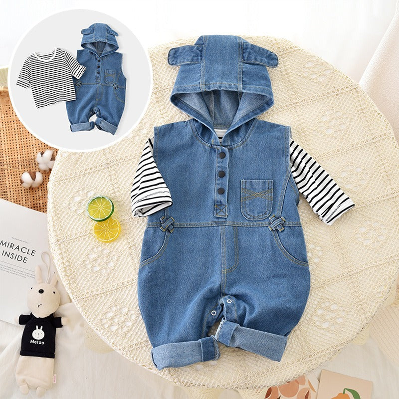 K-Baby Denim Hooded Jumpsuit Set for Boys and Girls – Stylish All-in-One Outfit