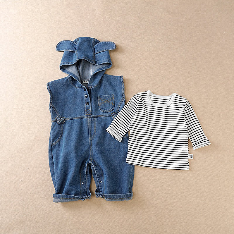 K-Baby Denim Hooded Jumpsuit Set for Boys and Girls – Stylish All-in-One Outfit
