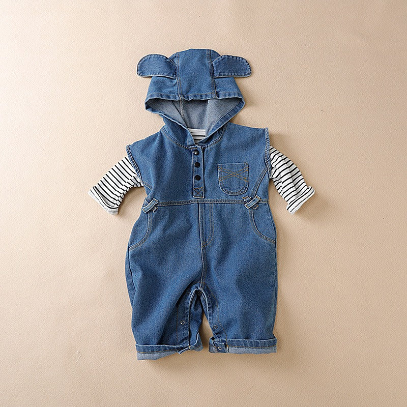 K-Baby Denim Hooded Jumpsuit Set for Boys and Girls – Stylish All-in-One Outfit