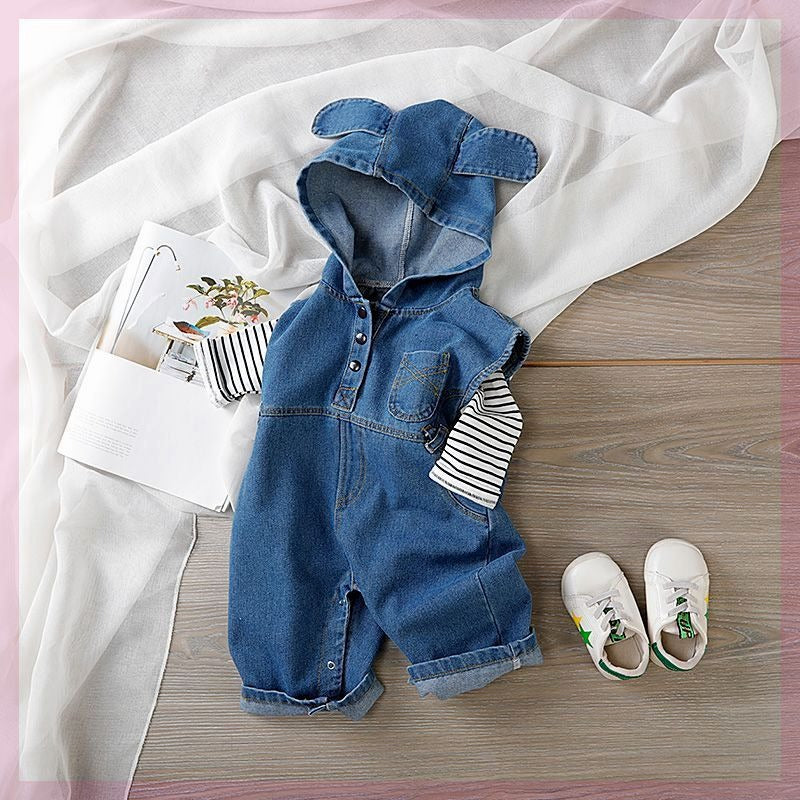 K-Baby Denim Hooded Jumpsuit Set for Boys and Girls – Stylish All-in-One Outfit