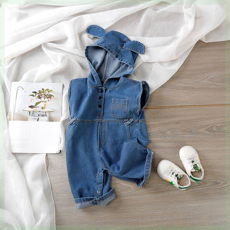K-Baby Denim Hooded Jumpsuit Set for Boys and Girls – Stylish All-in-One Outfit