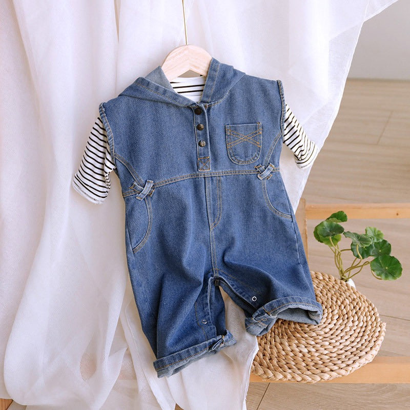 K-Baby Denim Hooded Jumpsuit Set for Boys and Girls – Stylish All-in-One Outfit