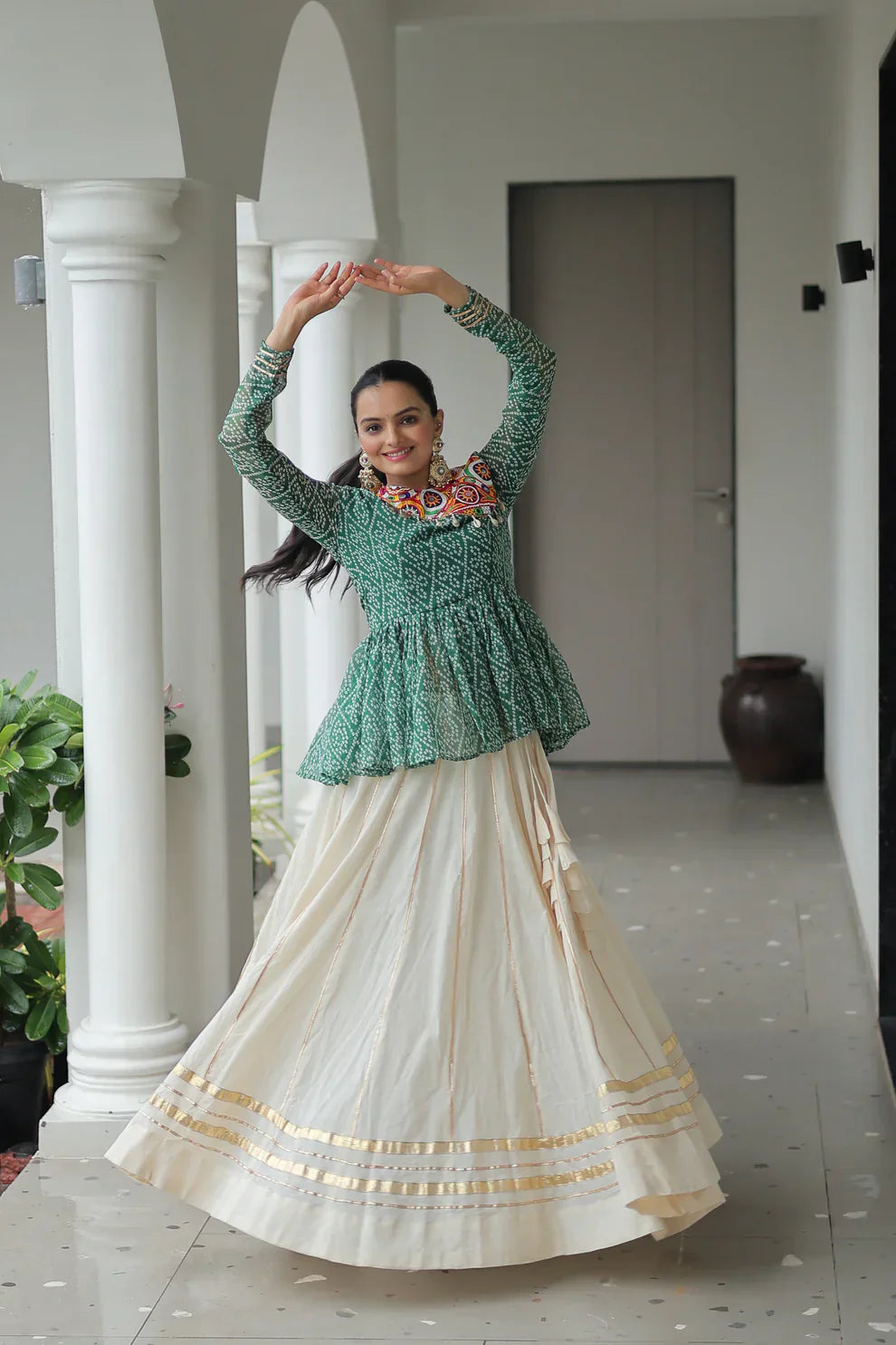 Elegant Kora Cotton Lehenga with Gota-Patti Lace & Bandhani Print Full-Stitched Top