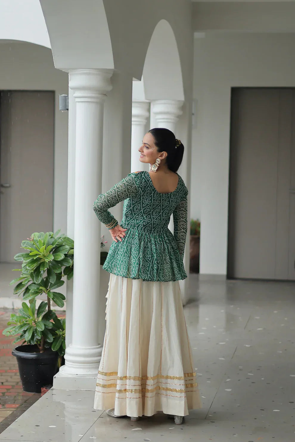 Elegant Kora Cotton Lehenga with Gota-Patti Lace & Bandhani Print Full-Stitched Top