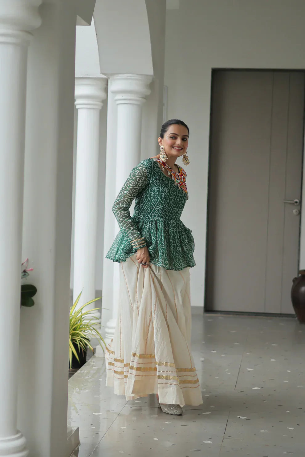 Elegant Kora Cotton Lehenga with Gota-Patti Lace & Bandhani Print Full-Stitched Top