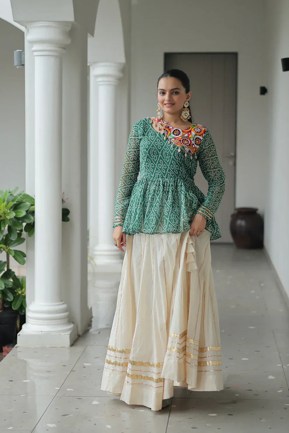 Elegant Kora Cotton Lehenga with Gota-Patti Lace & Bandhani Print Full-Stitched Top