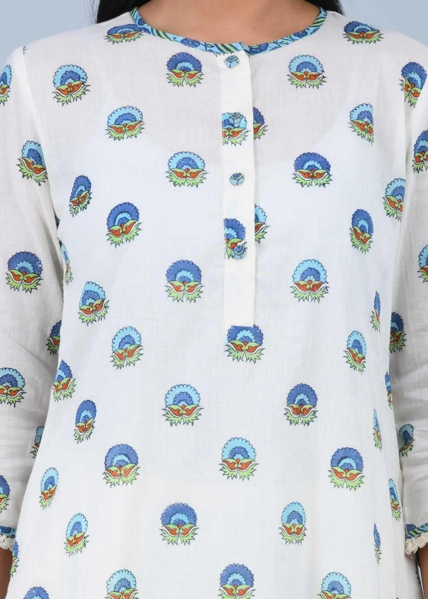 Blue & Turquoise Cotton Kurta with Suzuni Motifs