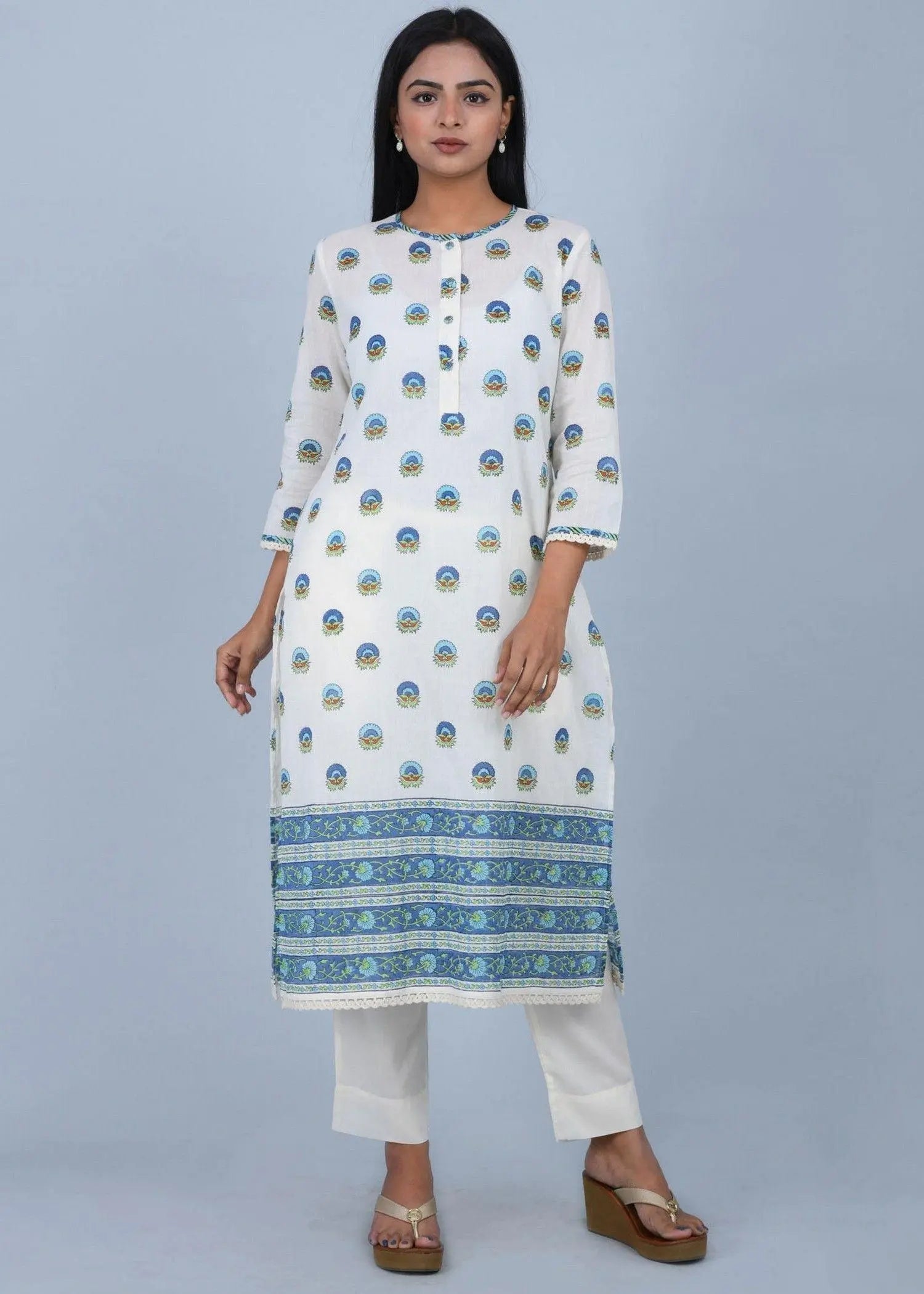 Blue & Turquoise Cotton Kurta with Suzuni Motifs