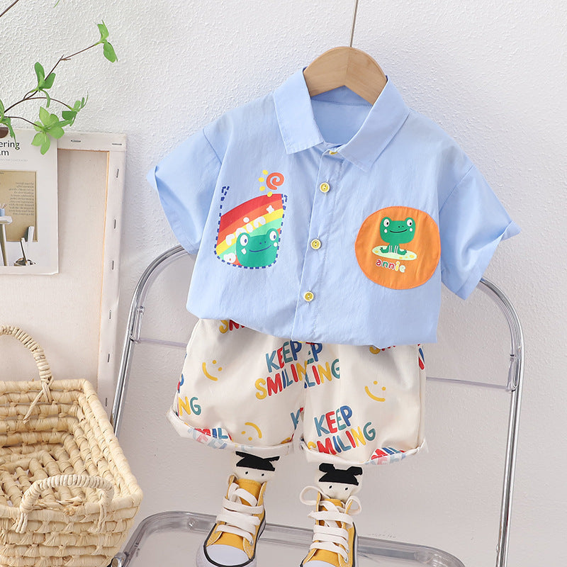 Keep Smiling Vibrant Boys Shirt and Shorts Set – Soft Cotton Two-Piece Summer Outfit