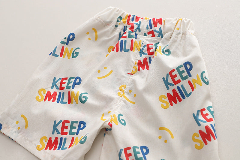 Keep Smiling Vibrant Boys Shirt and Shorts Set – Soft Cotton Two-Piece Summer Outfit