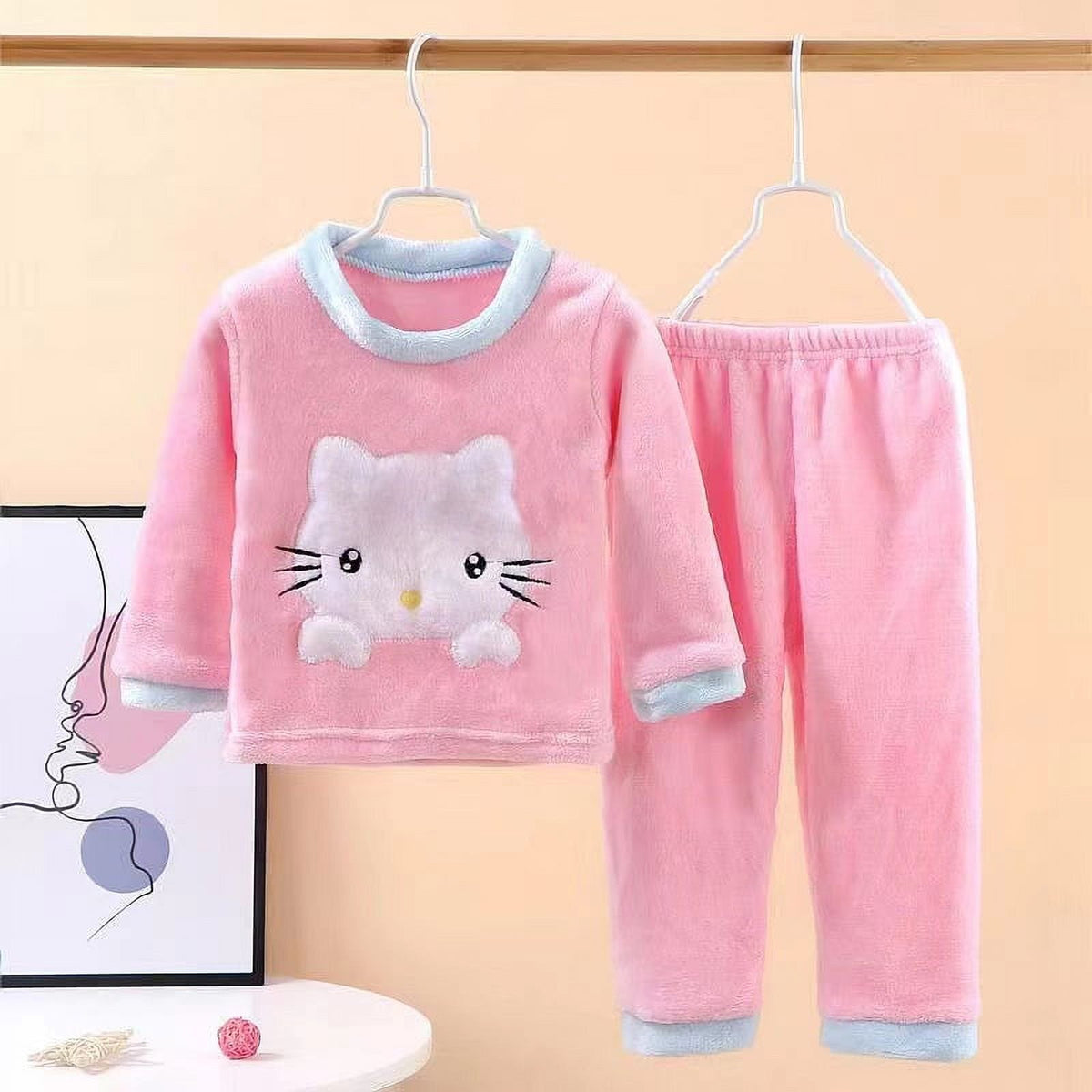 Kitty Cute Girls Comfy Plush Set – Soft Cotton Blend Two-Piece Loungewear Outfit