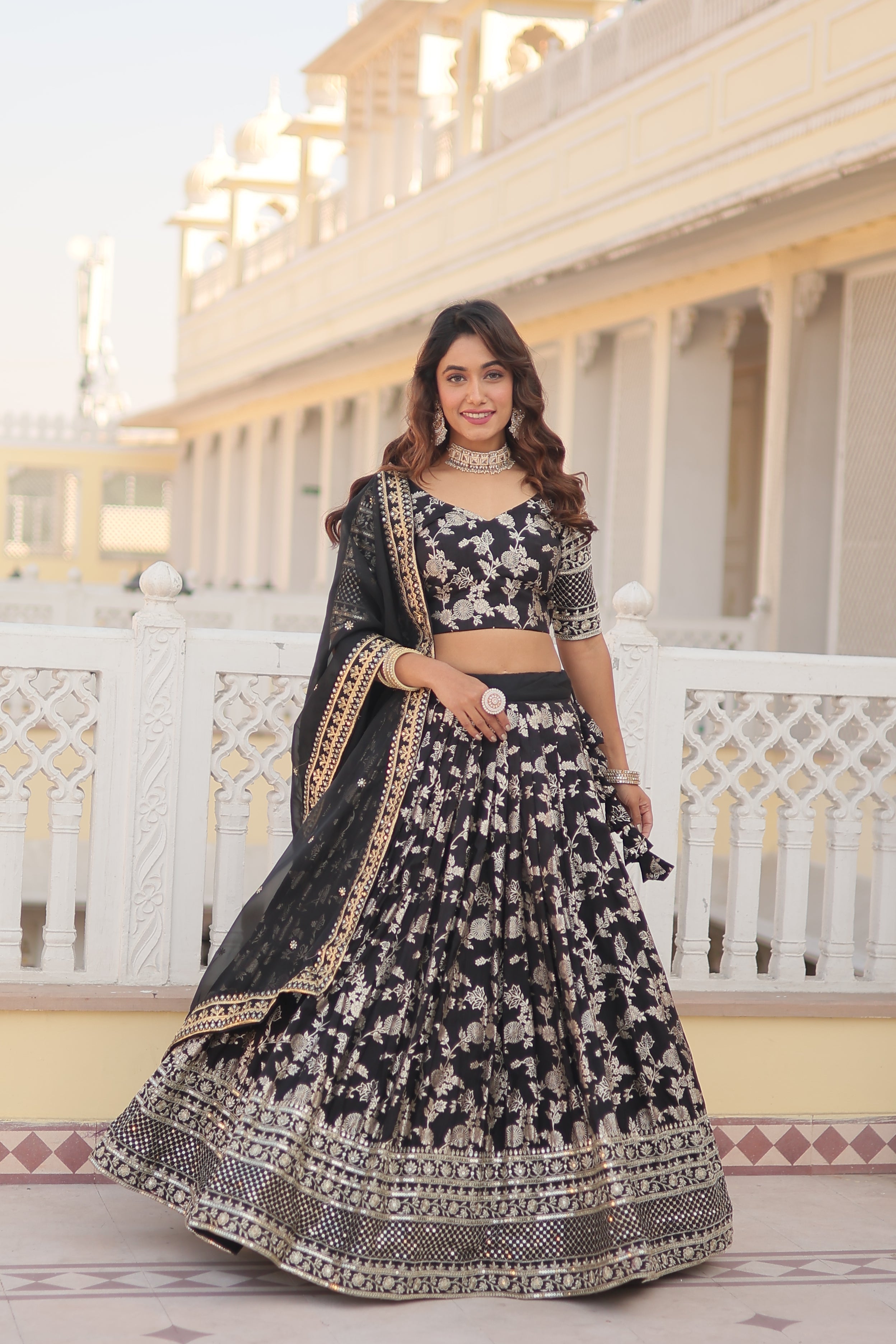 Elegant Dyable Viscose Jacquard Lehenga with Sequins Embroidery – Full-Stitched, Chain Closure