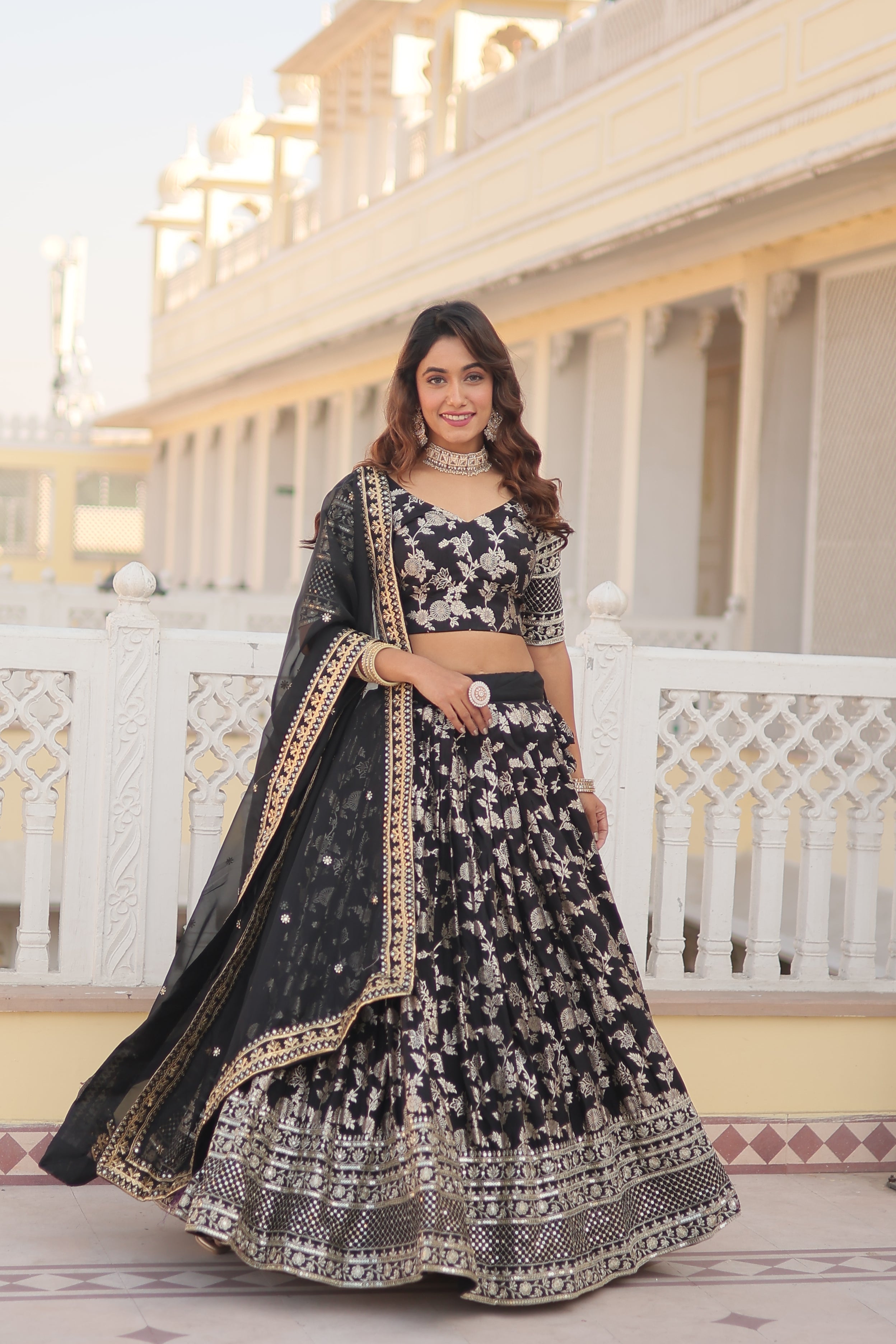 Elegant Dyable Viscose Jacquard Lehenga with Sequins Embroidery – Full-Stitched, Chain Closure