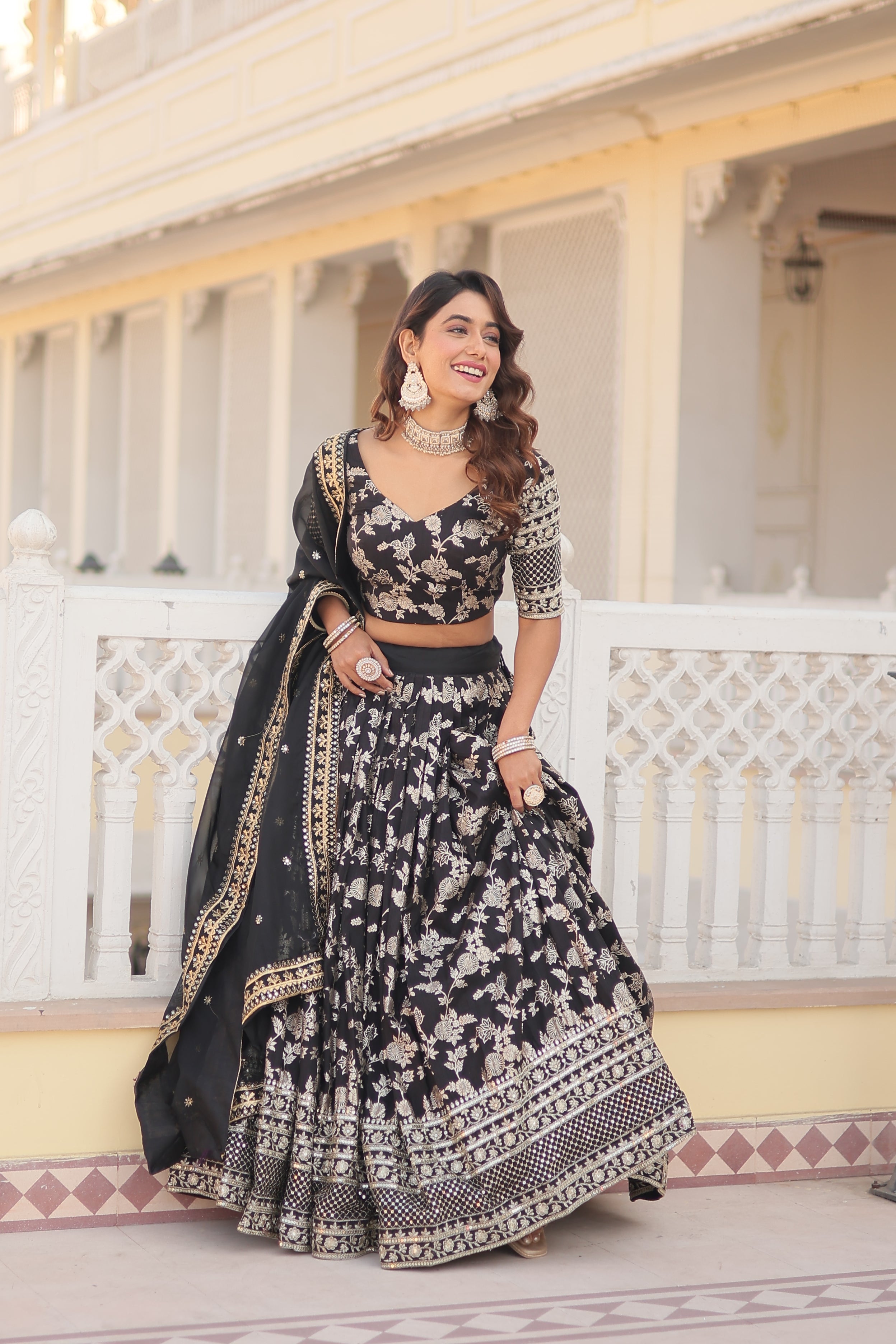 Elegant Dyable Viscose Jacquard Lehenga with Sequins Embroidery – Full-Stitched, Chain Closure