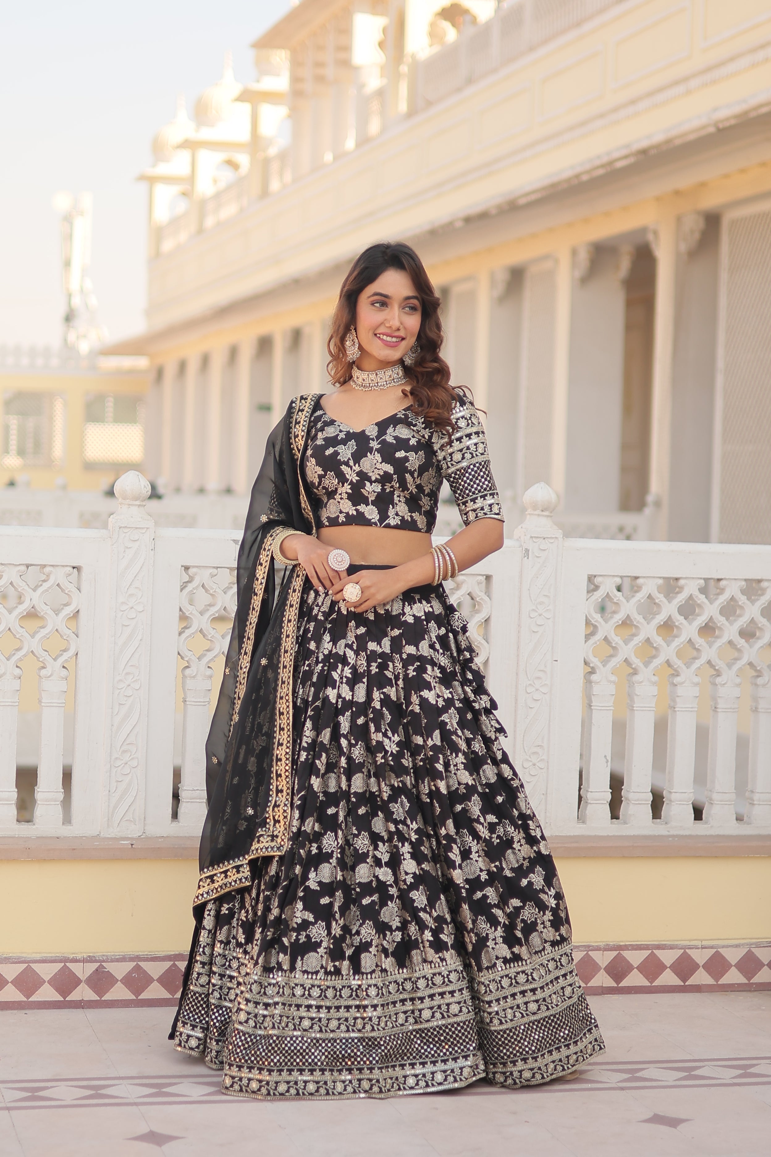 Elegant Dyable Viscose Jacquard Lehenga with Sequins Embroidery – Full-Stitched, Chain Closure