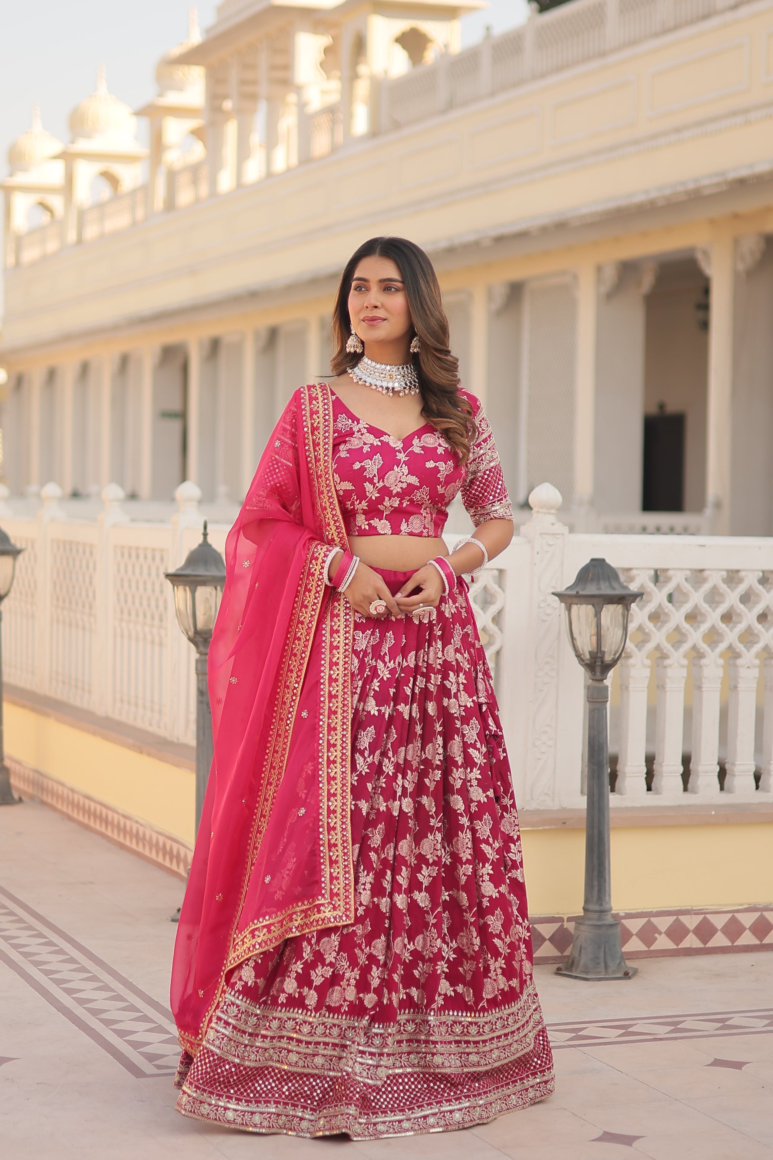 Elegant Dyable Viscose Jacquard Lehenga with Sequins Embroidery – Full-Stitched, Chain Closure