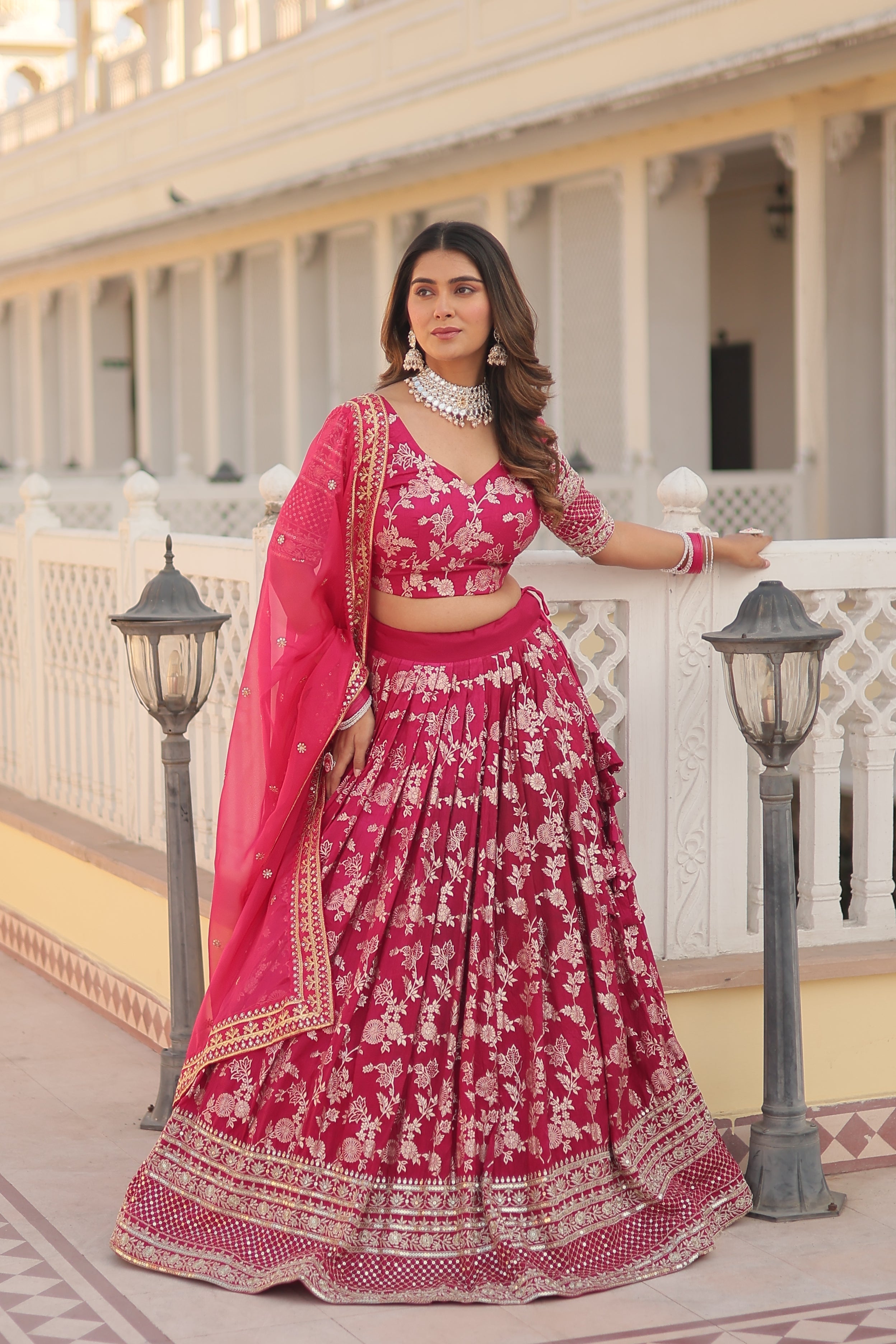 Elegant Dyable Viscose Jacquard Lehenga with Sequins Embroidery – Full-Stitched, Chain Closure