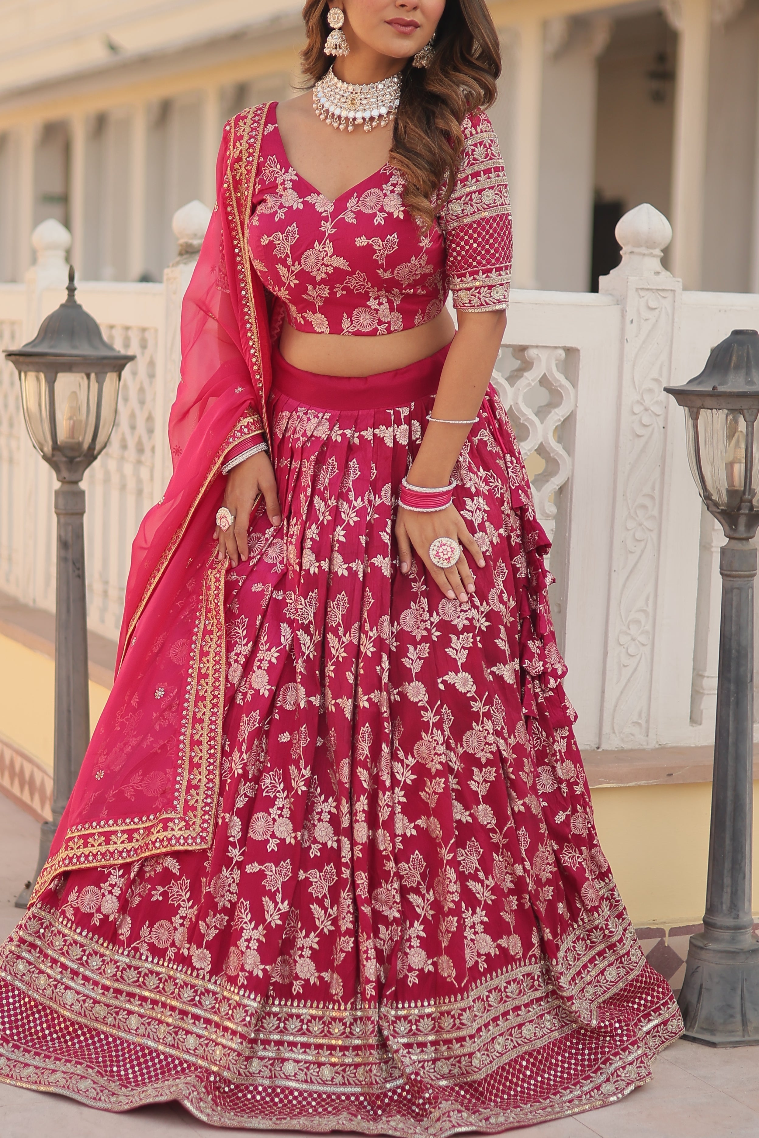 Elegant Dyable Viscose Jacquard Lehenga with Sequins Embroidery – Full-Stitched, Chain Closure