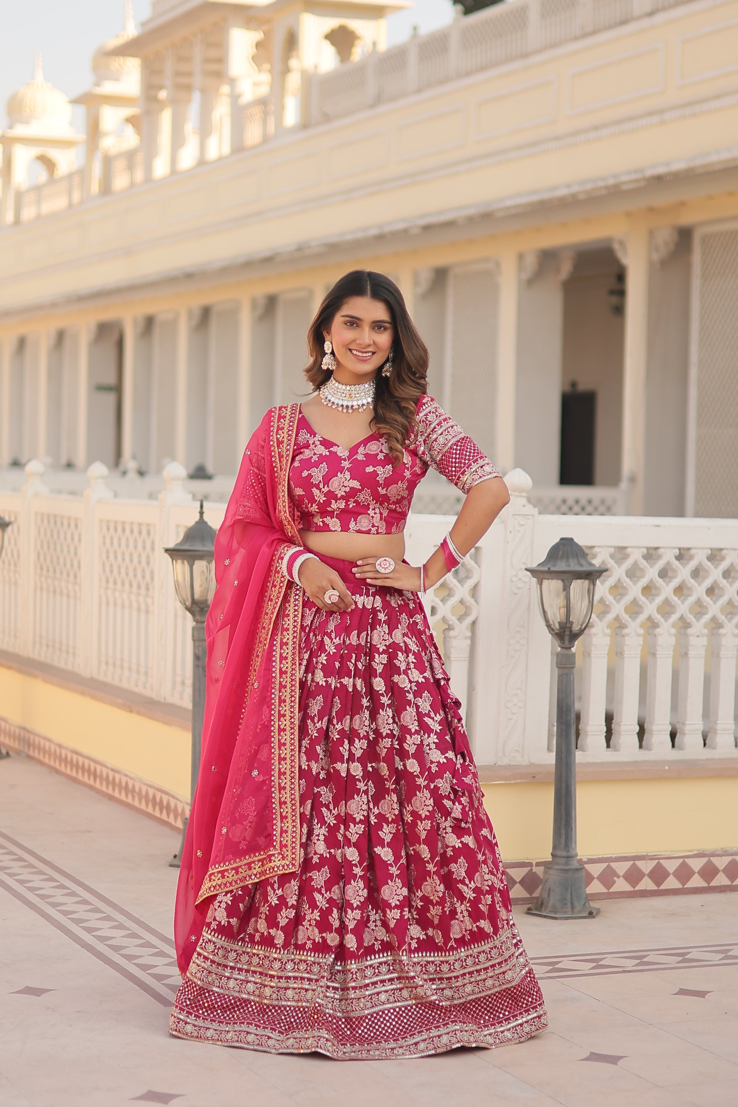 Elegant Dyable Viscose Jacquard Lehenga with Sequins Embroidery – Full-Stitched, Chain Closure