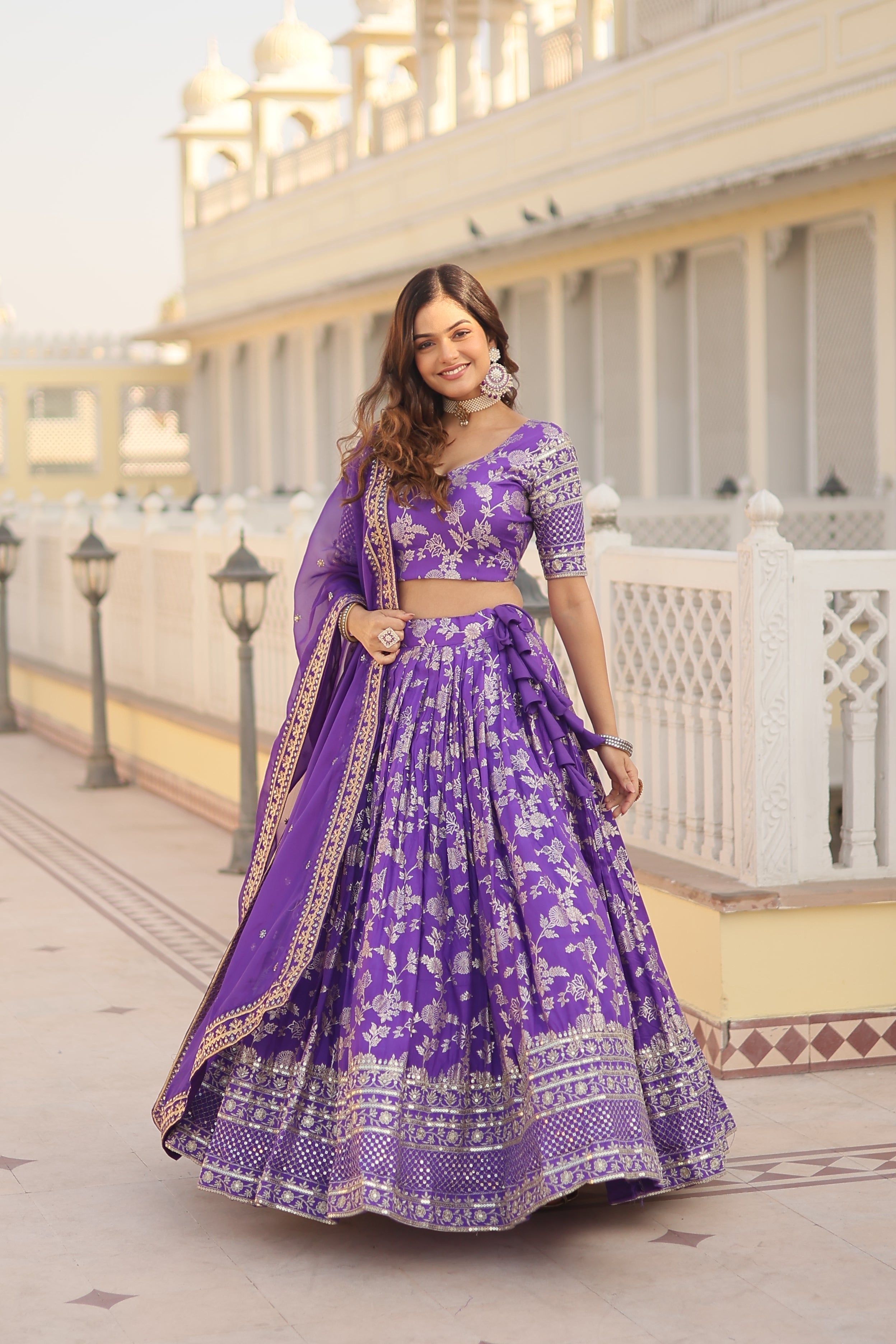 Elegant Dyable Viscose Jacquard Lehenga with Sequins Embroidery – Full-Stitched, Chain Closure