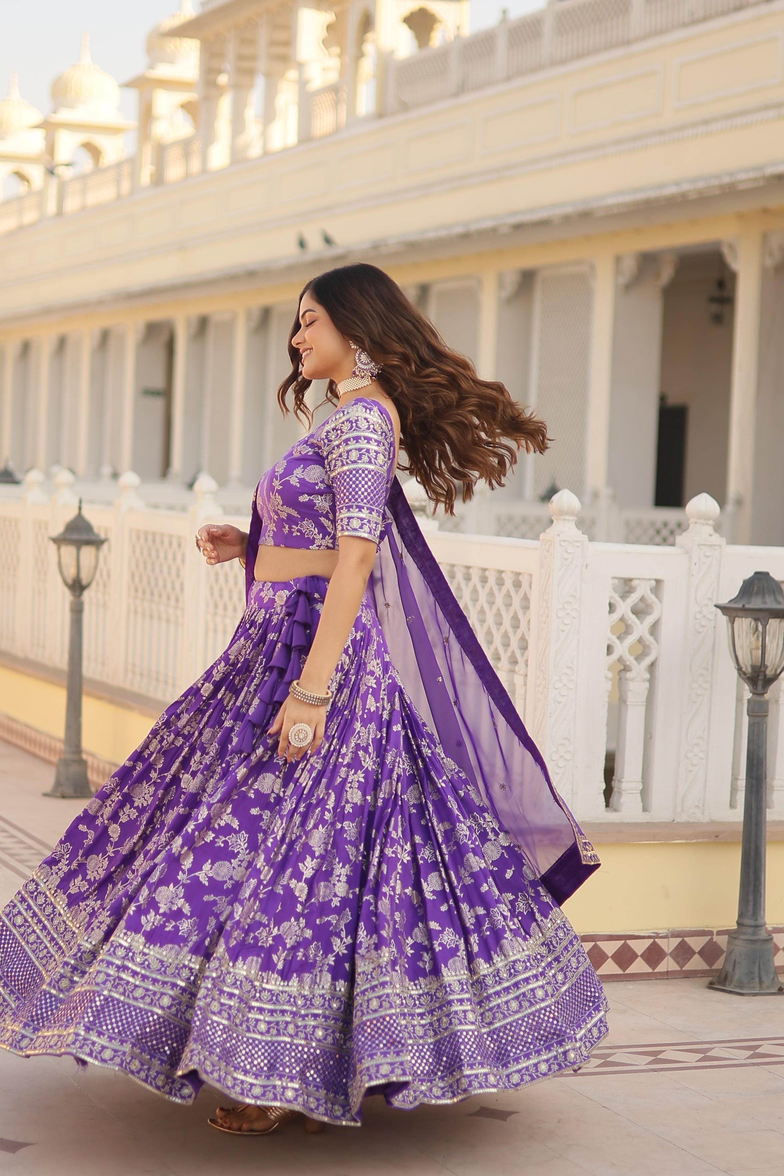 Elegant Dyable Viscose Jacquard Lehenga with Sequins Embroidery – Full-Stitched, Chain Closure