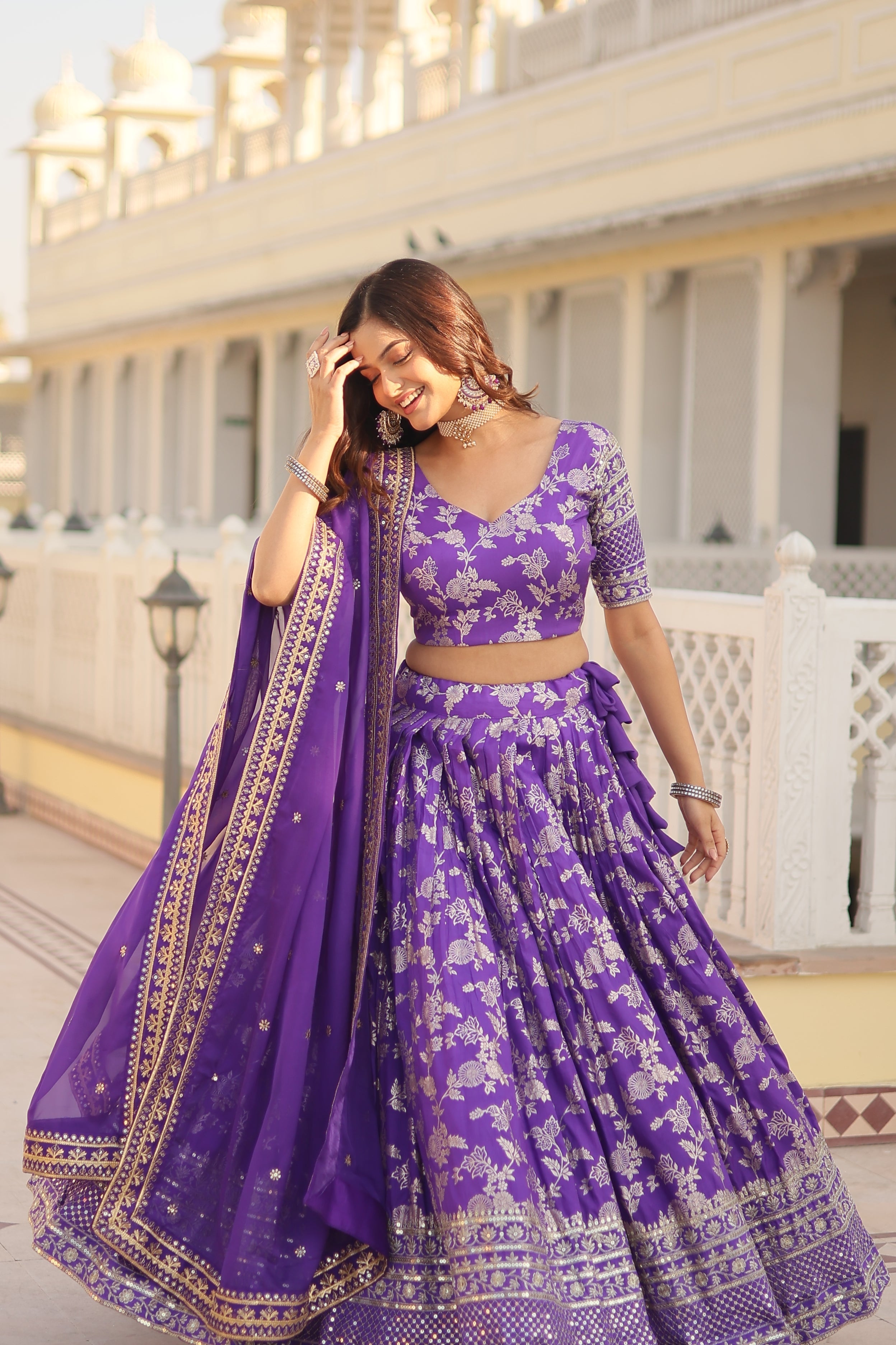 Elegant Dyable Viscose Jacquard Lehenga with Sequins Embroidery – Full-Stitched, Chain Closure