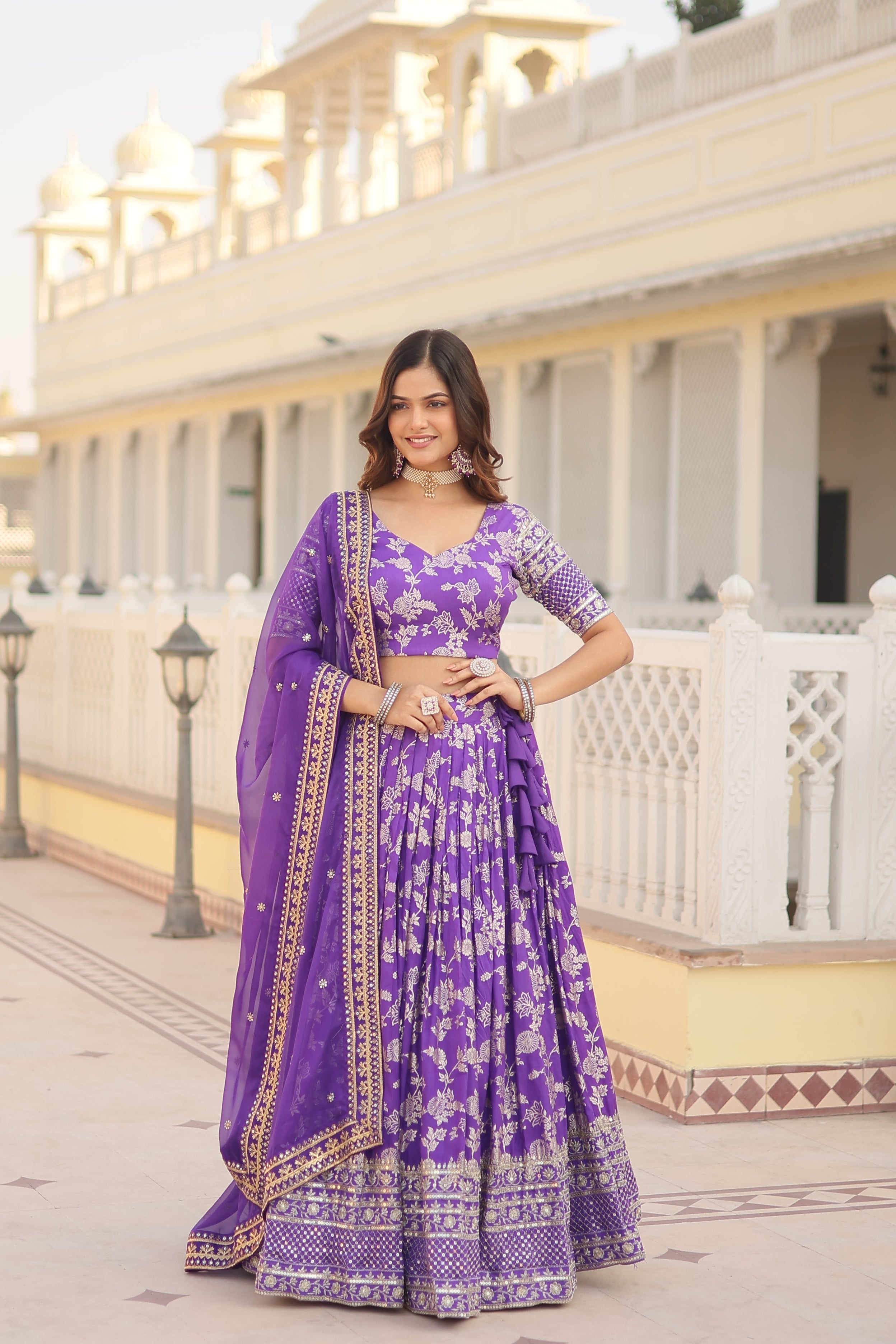 Elegant Dyable Viscose Jacquard Lehenga with Sequins Embroidery – Full-Stitched, Chain Closure