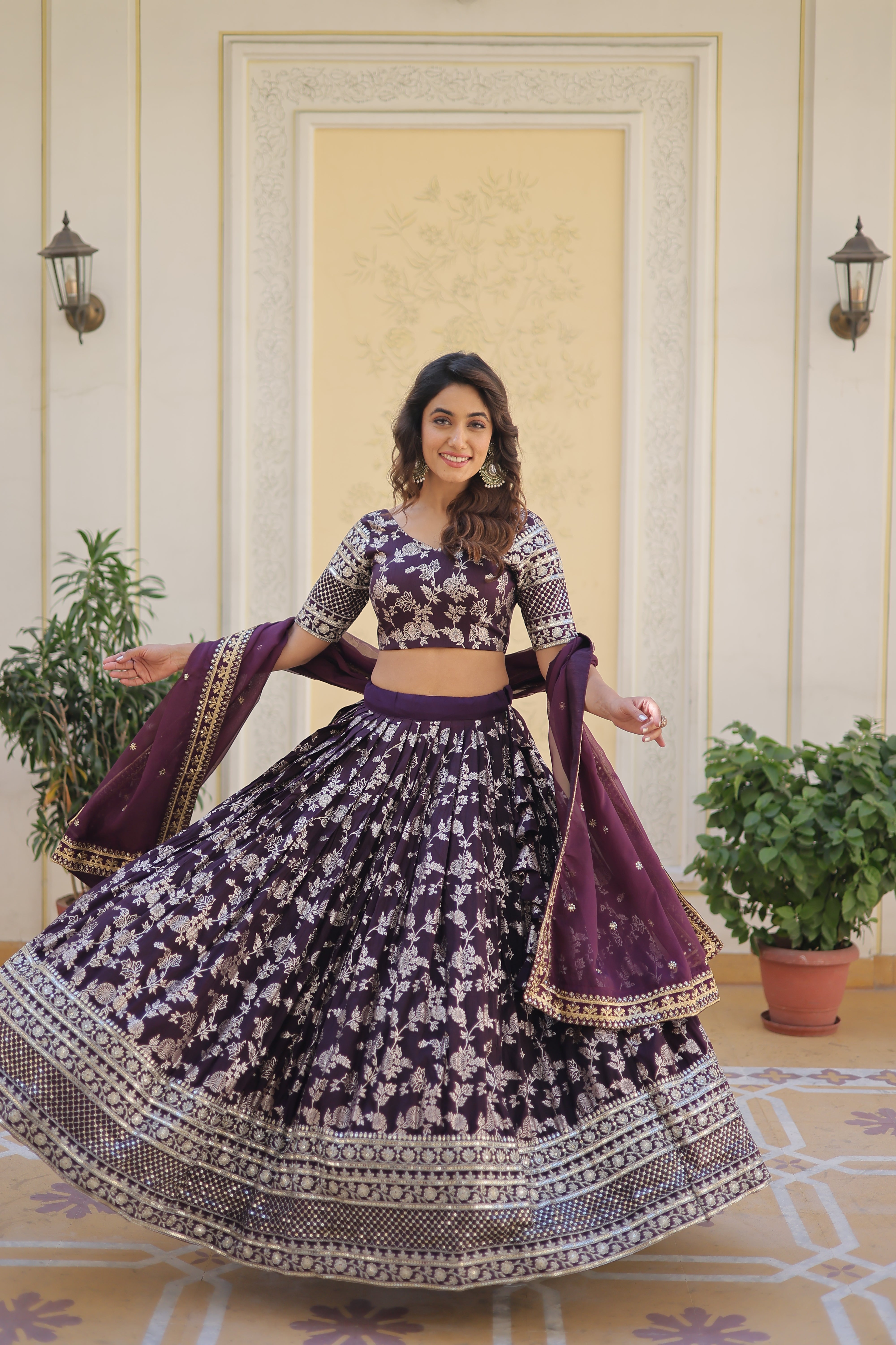 Elegant Dyable Viscose Jacquard Lehenga with Sequins Embroidery – Full-Stitched, Chain Closure
