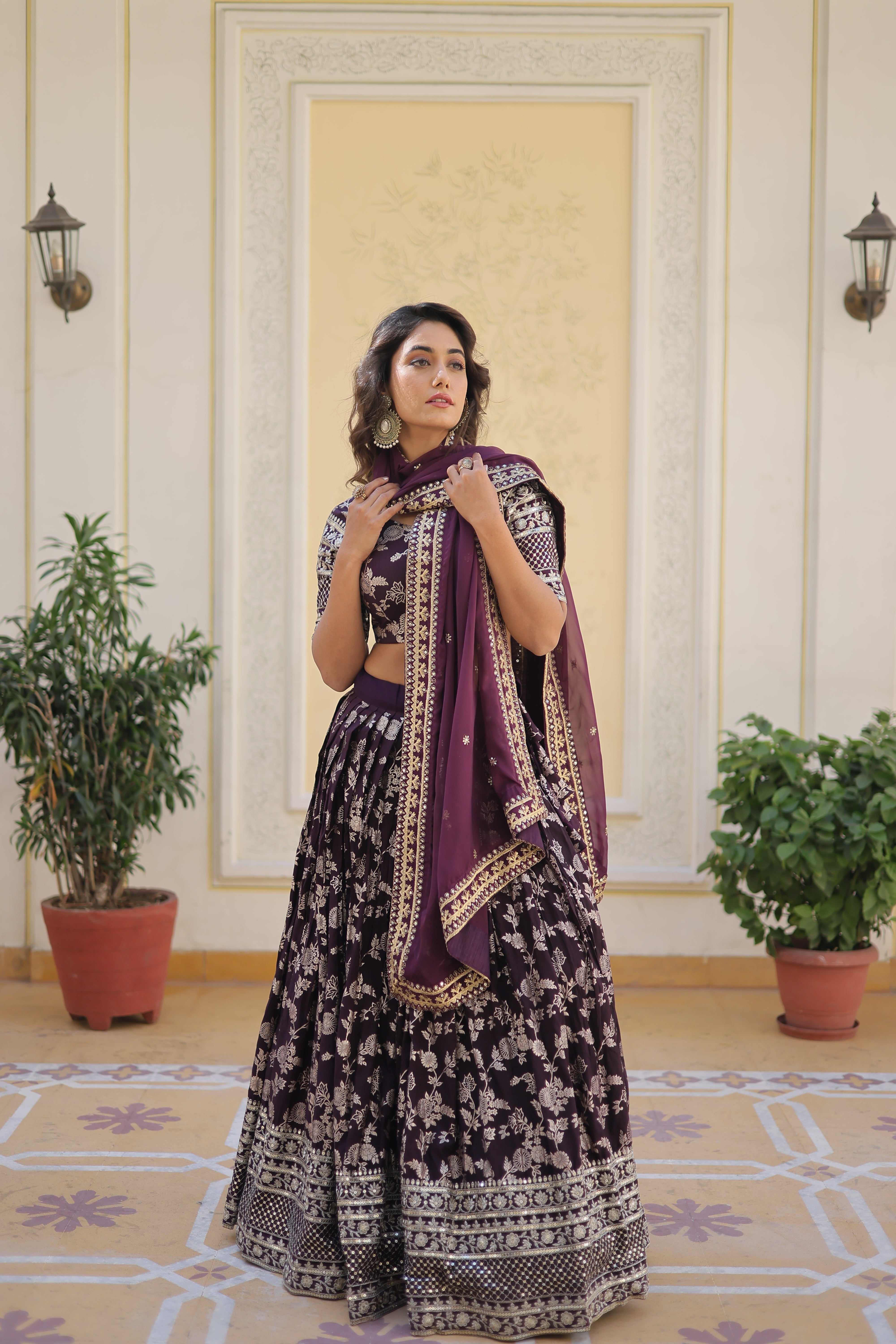 Elegant Dyable Viscose Jacquard Lehenga with Sequins Embroidery – Full-Stitched, Chain Closure